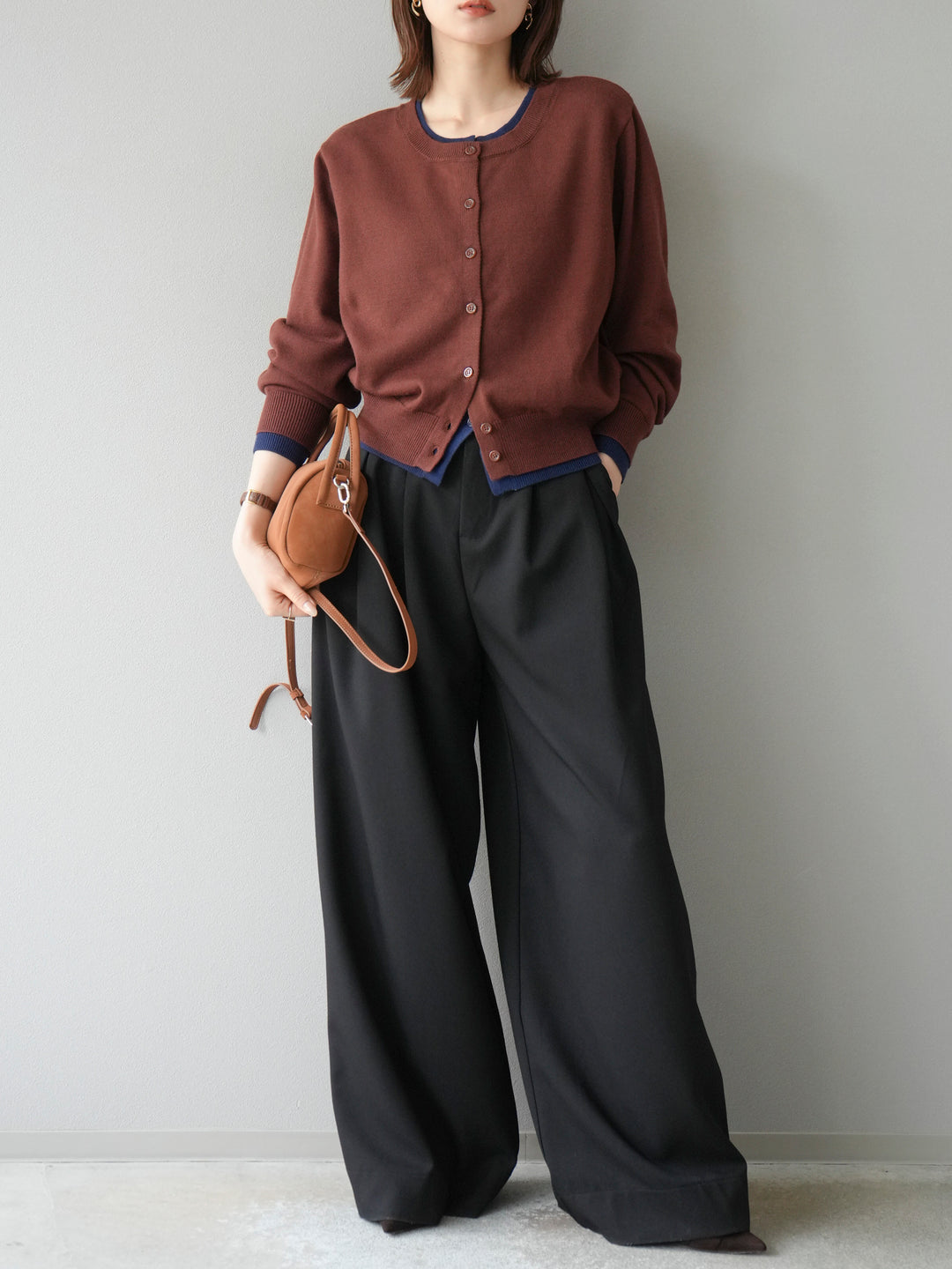 【預購】顏色協調的多層開襟衫/棕色