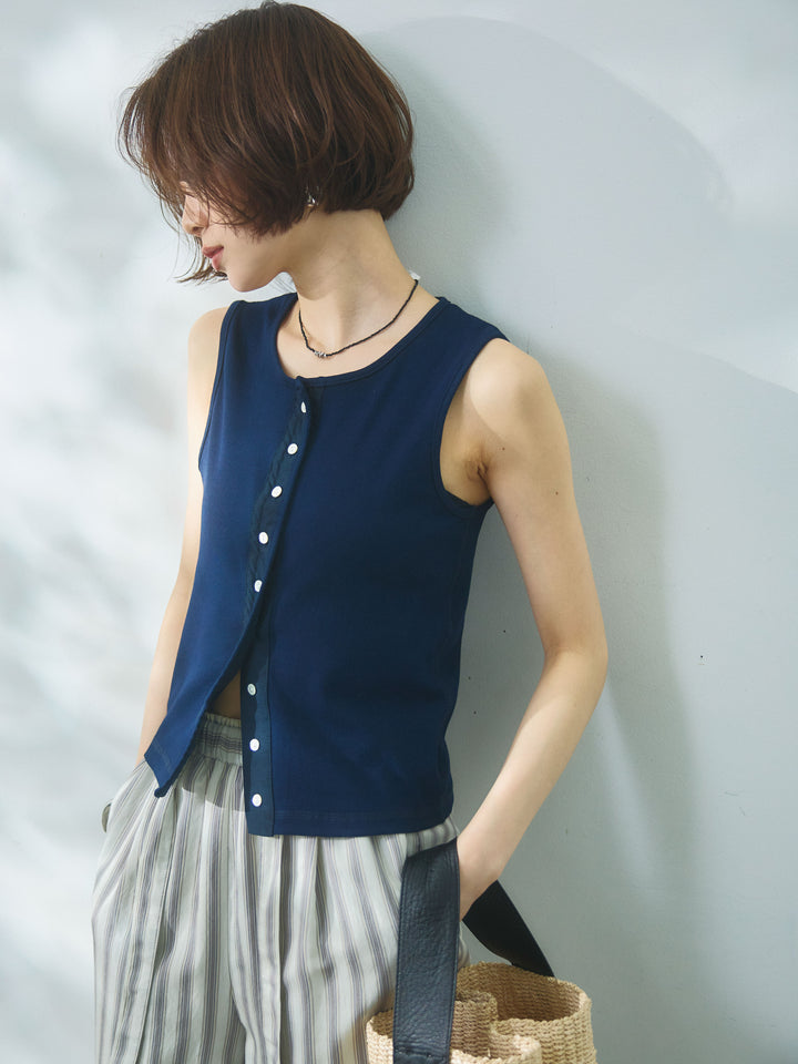 [予約]フロントボタンテレコリブタンクトップ/navy