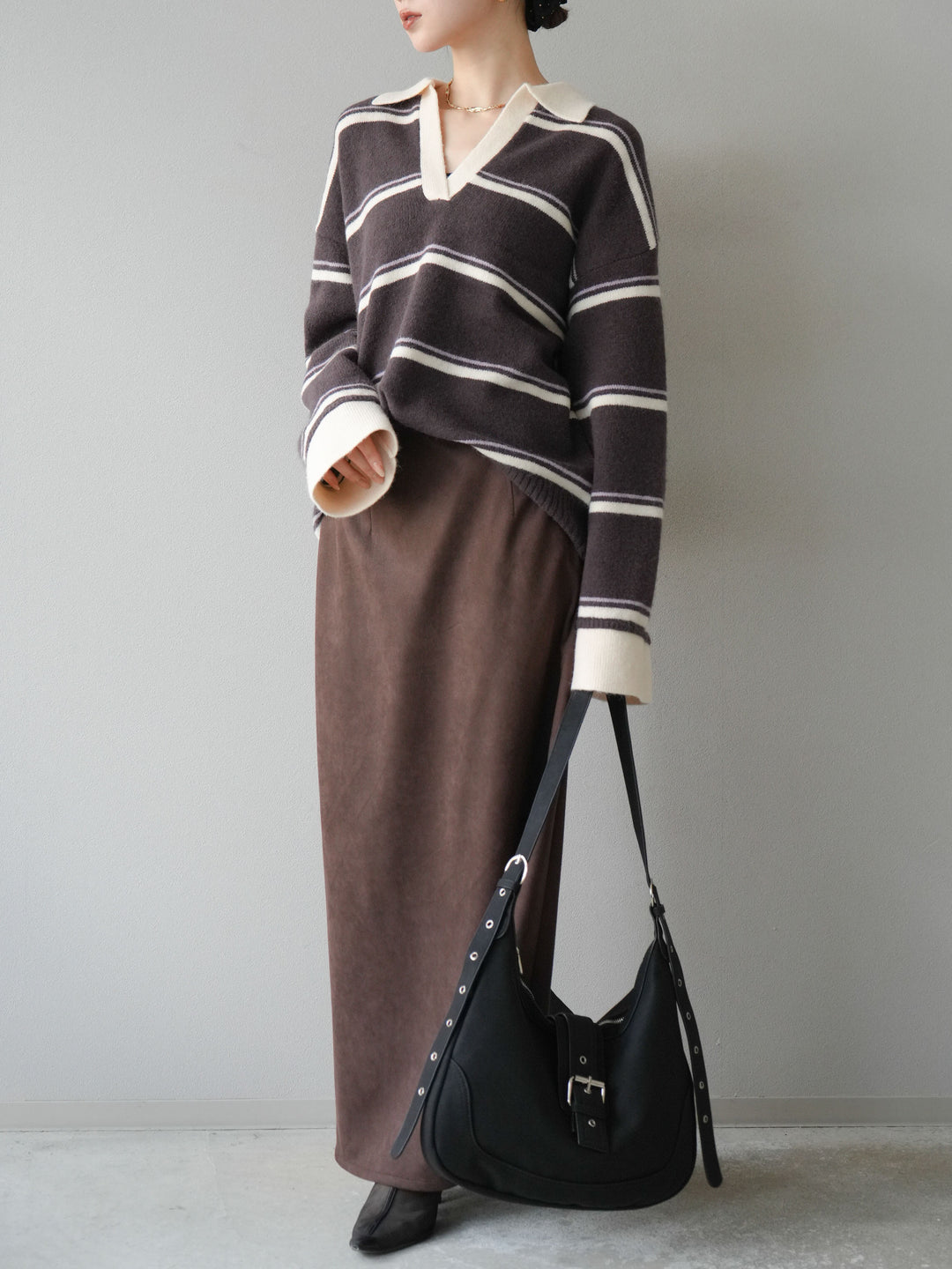 [SET]ポロ襟スキッパーボーダーニットプルオーバー+スウェードIラインスカート(2set)