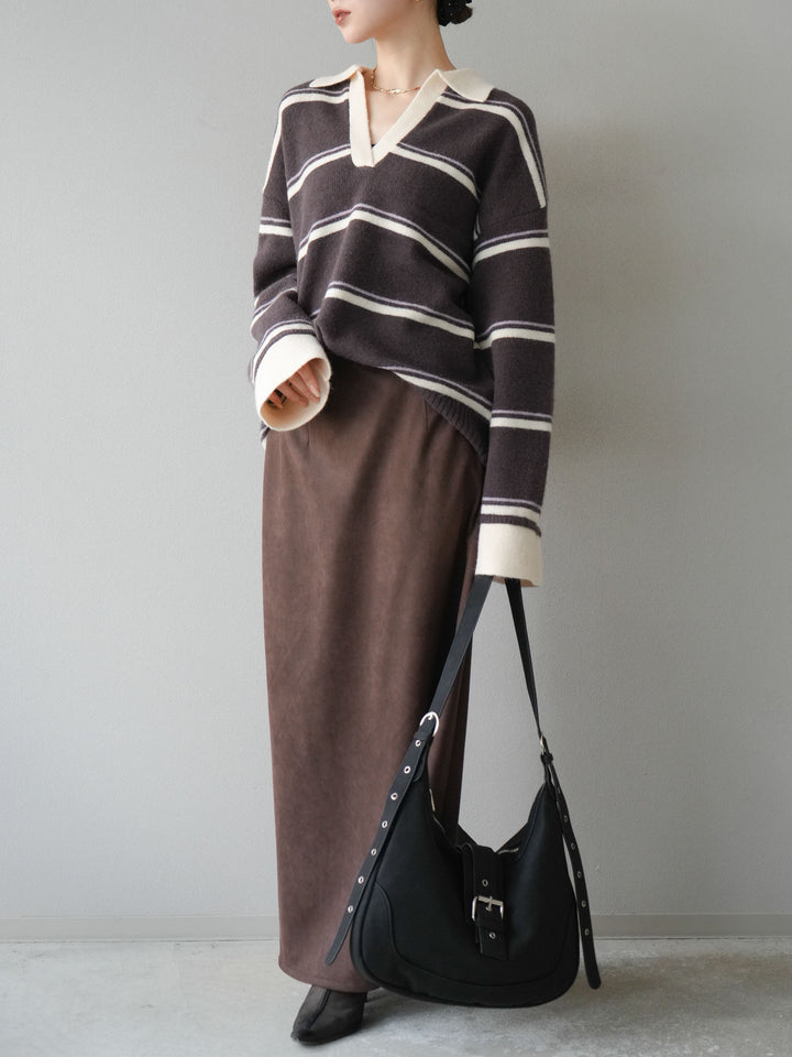 [SET]ポロ襟スキッパーボーダーニットプルオーバー+スウェードIラインスカート(2set)