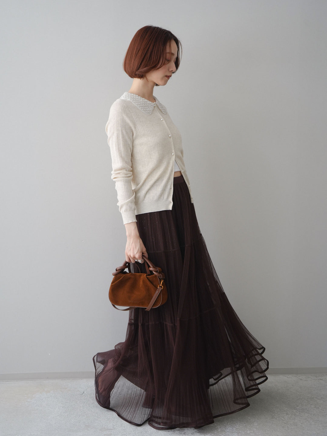 [予約]ラメプリーツレイヤードチュールロングスカート/brown