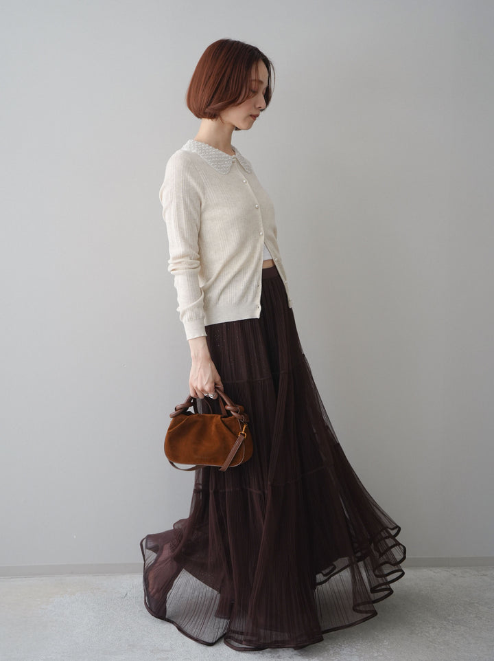 [予約]ラメプリーツレイヤードチュールロングスカート/brown