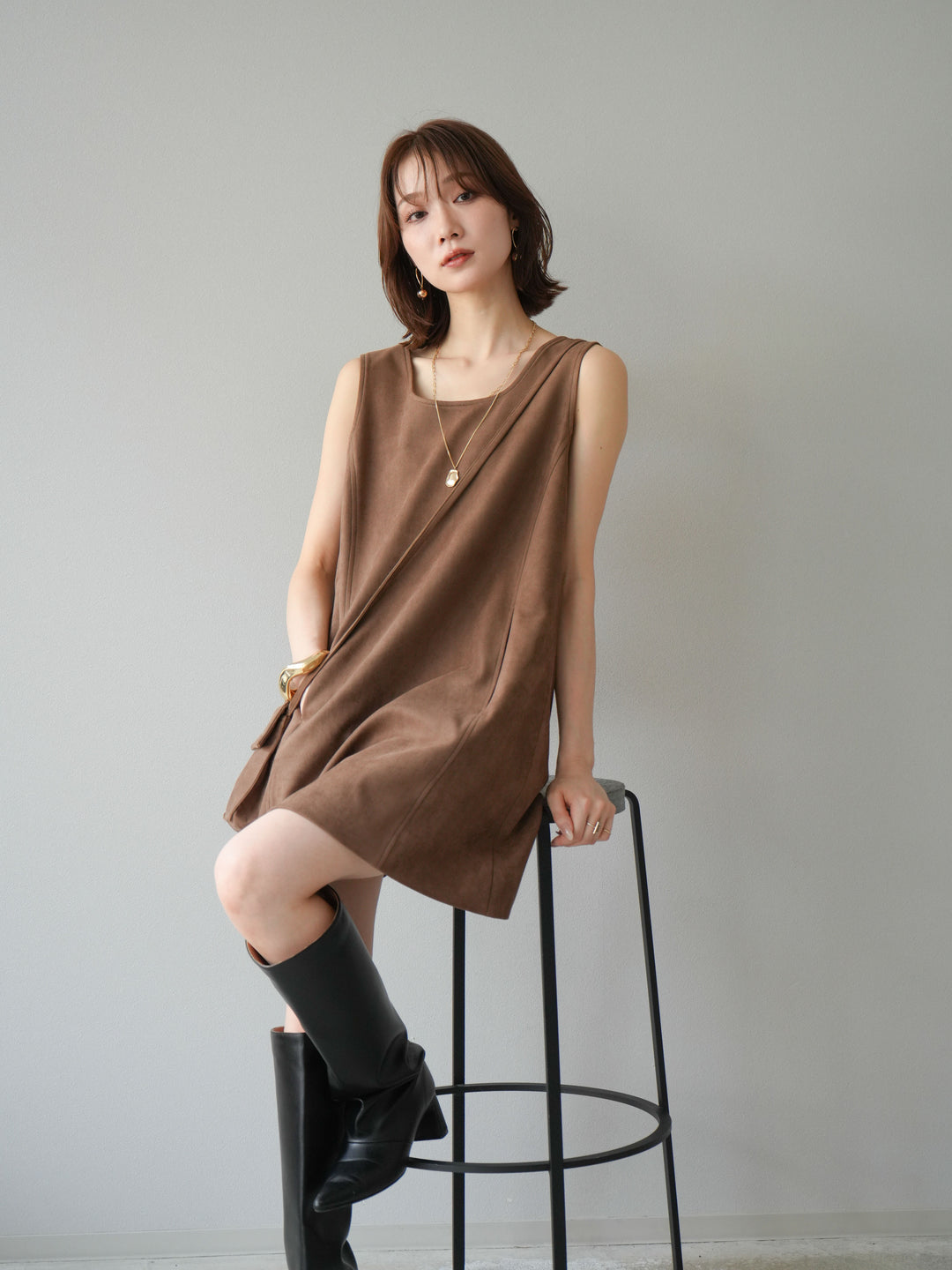 [予約]ショルダーポーチ付スウェードミニワンピース/ブラウン