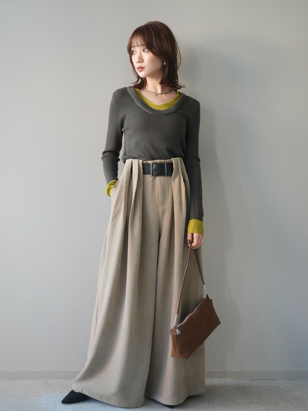 [予約]ベルトデザインループコールテンワイドパンツ(ベルト付き)/beige