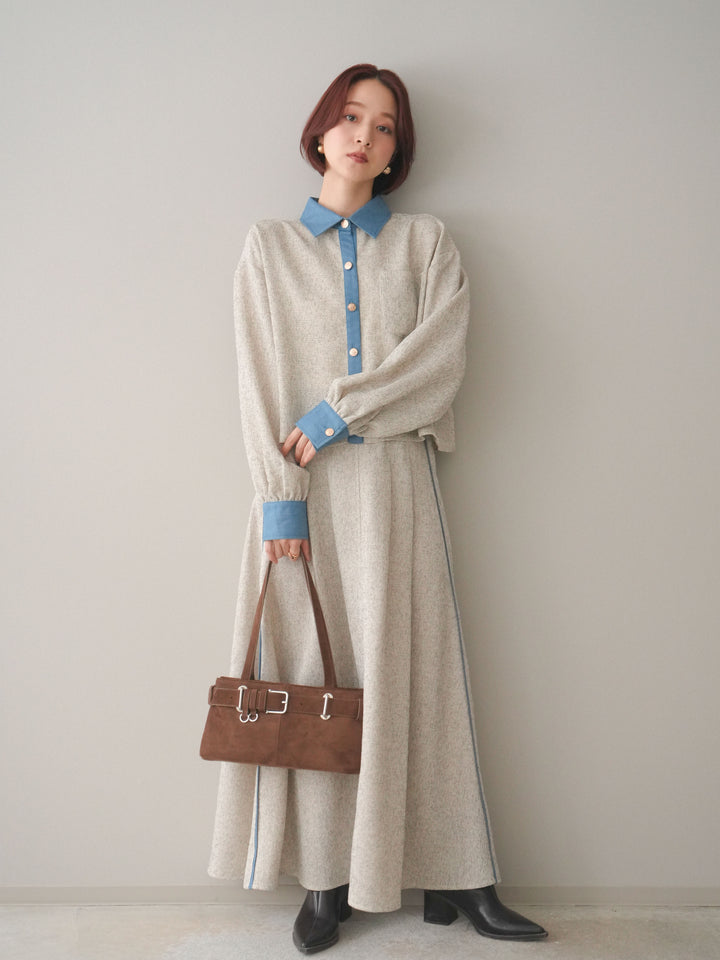 [SET]異素材サマーツイードシャツ+異素材サマーツイードタックフレアスカート(2set)