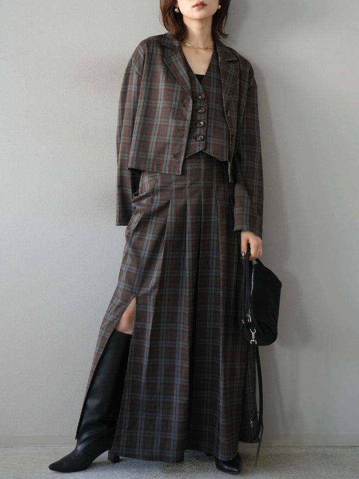 [SET]チェック柄ショートジャケット+チェック柄ベスト+チェック柄タックフレアスカート(3set)