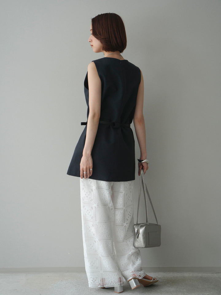 [SET]ベルト付リネンライクノースリチュニック+パネルレースイージーパンツ(2set)