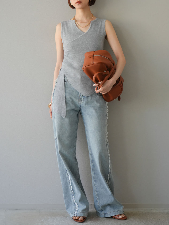 [SET]カシュクールノースリーブニットトップス+ラインレースデニムパンツ(2set)