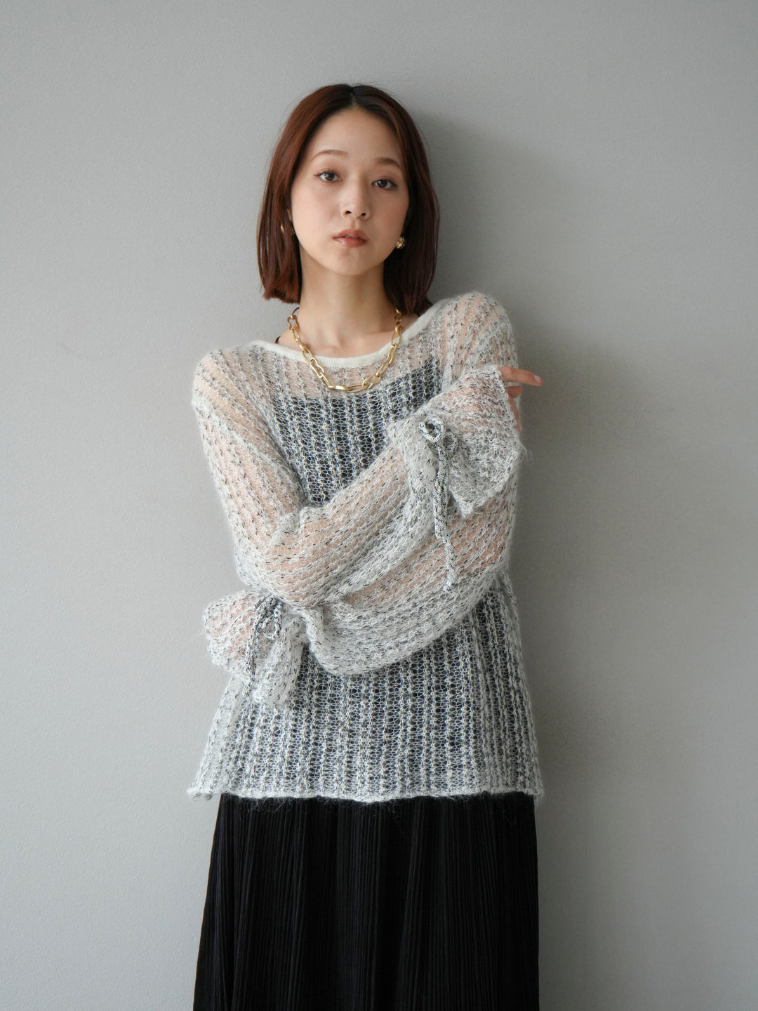 [予約]ストライプメッシュニットプルオーバー/ホワイト