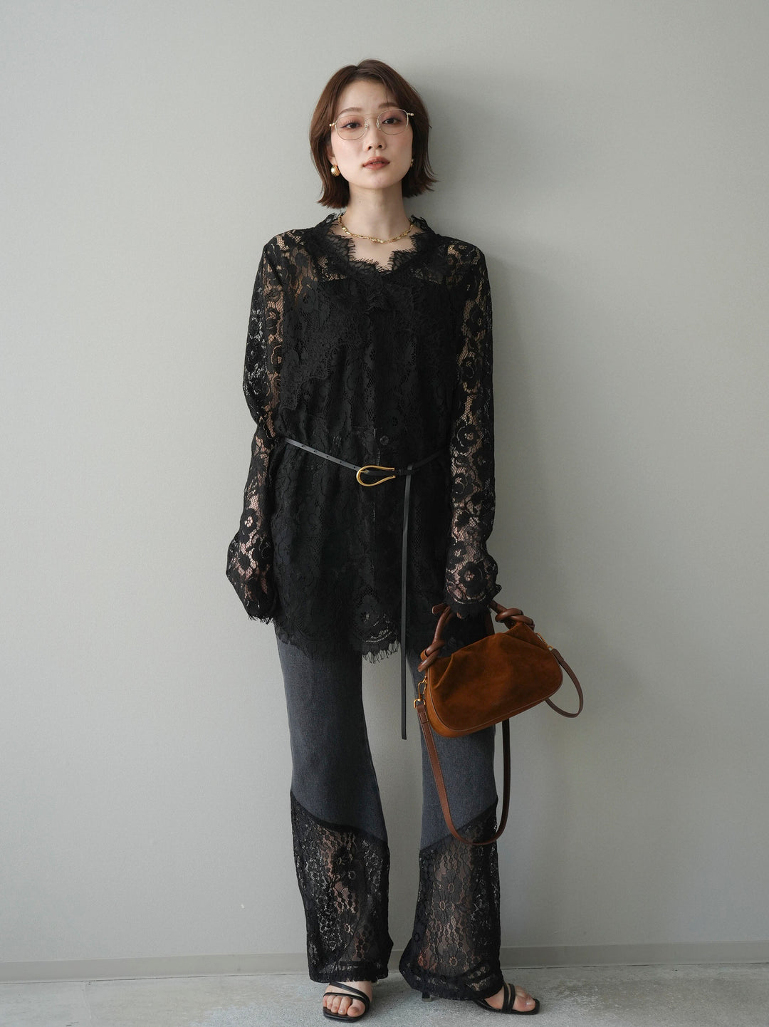 [予約]レース切替フレアデニムパンツ/black