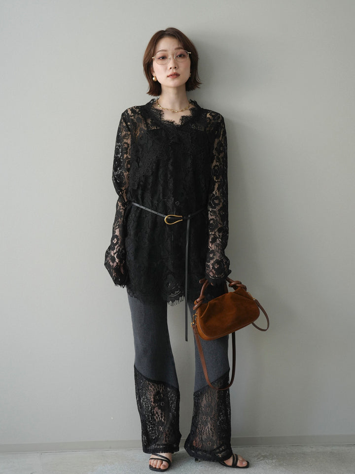 [予約]レース切替フレアデニムパンツ/black