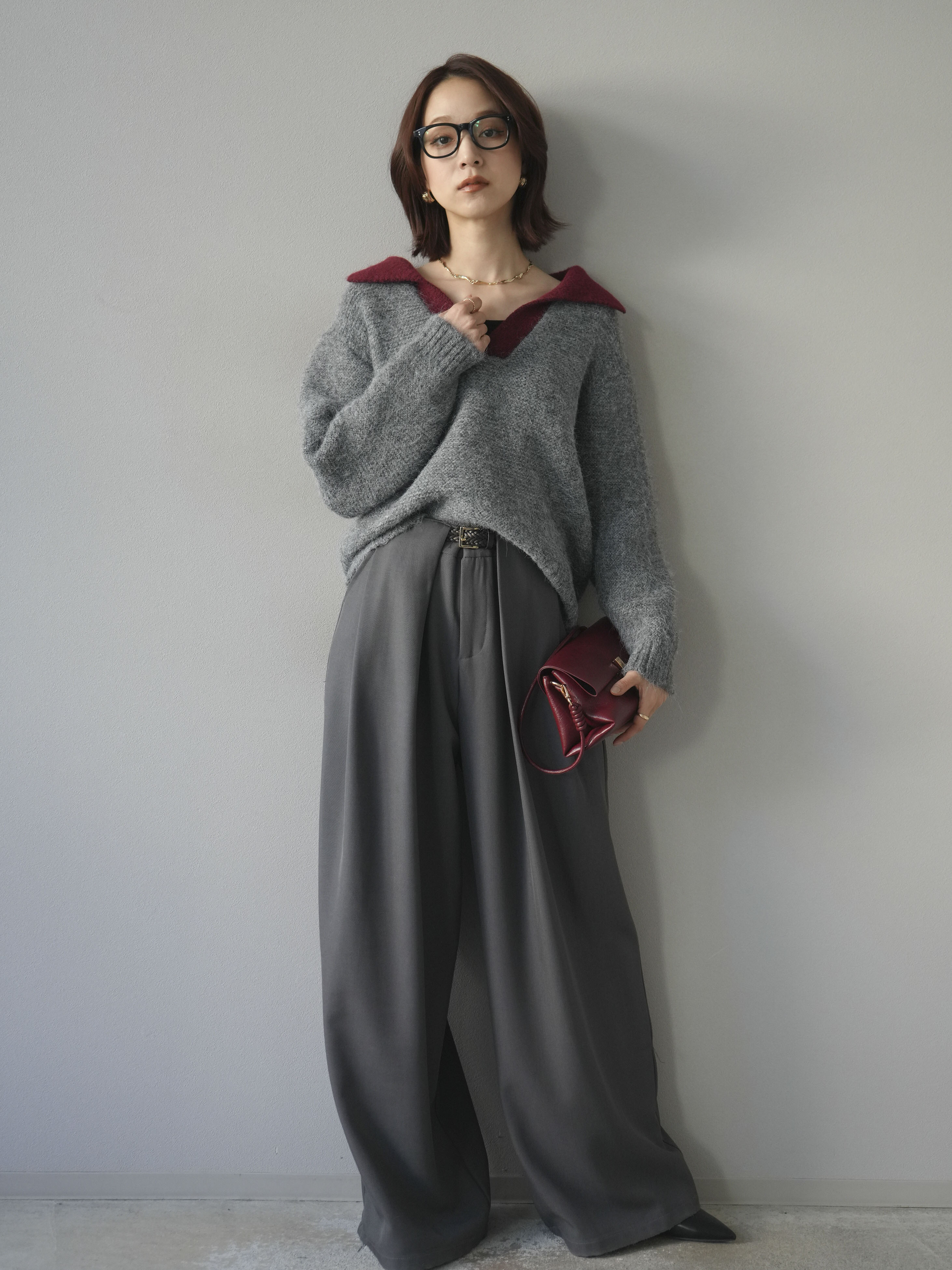 SET]バイカラー襟付きニットプルオーバー+ベルトループデザインワイド