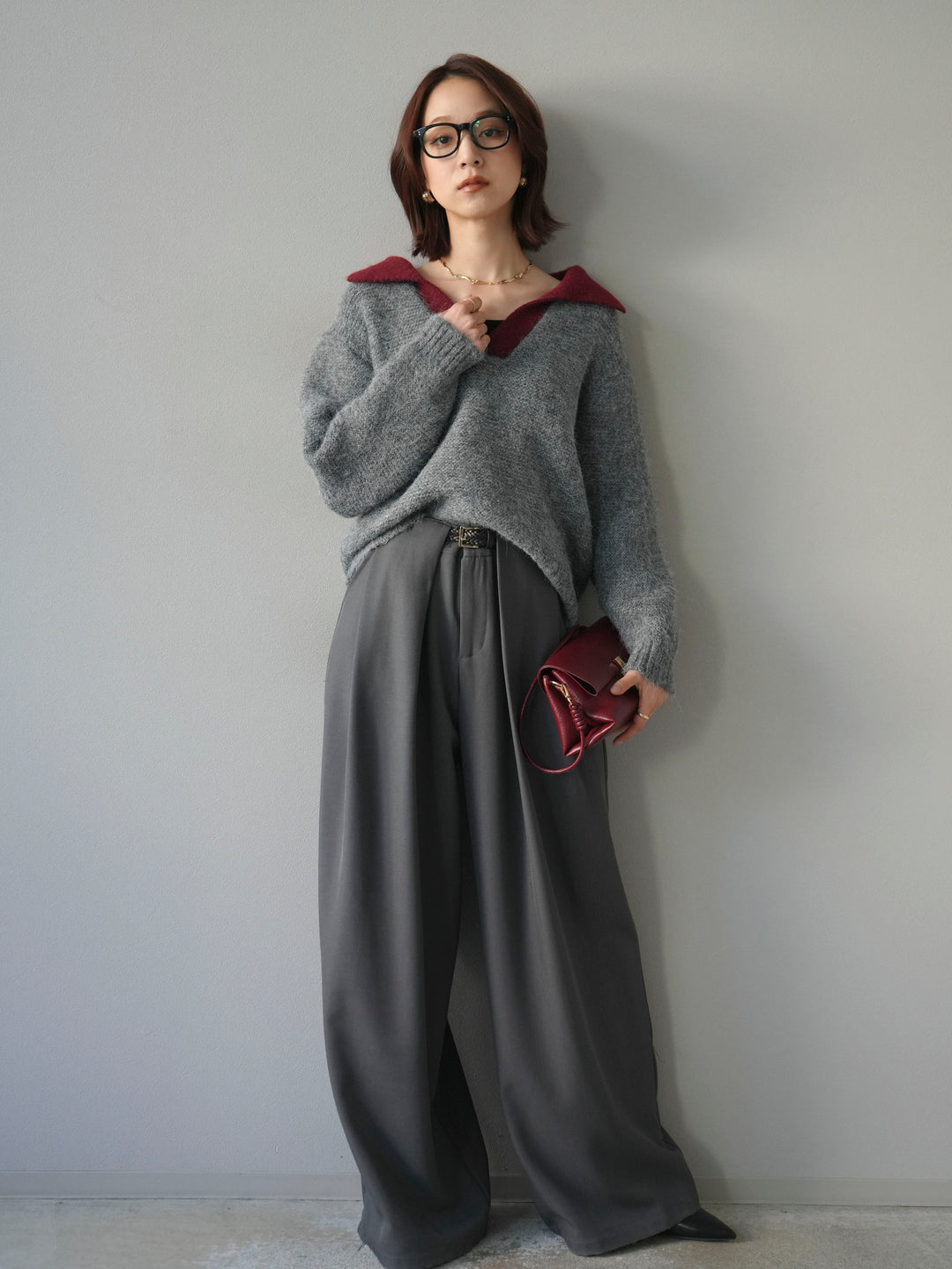 [SET]バイカラー襟付きニットプルオーバー+ベルトループデザインワイドパンツ(2set)