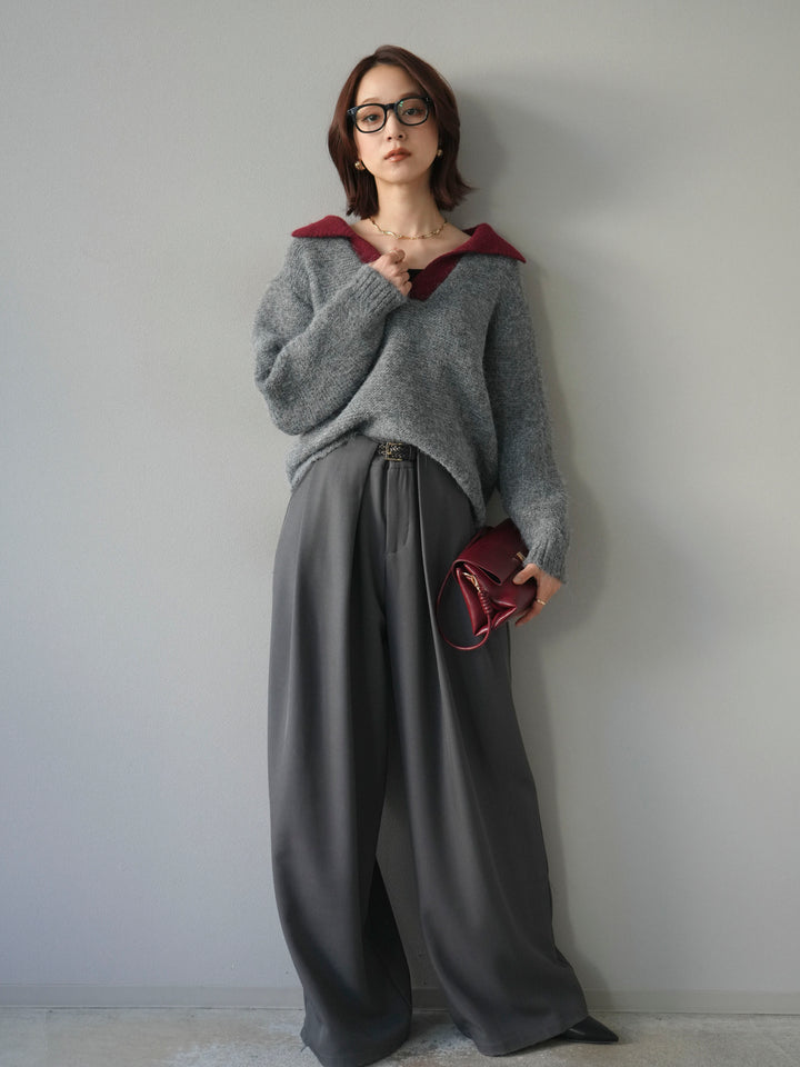 [SET]バイカラー襟付きニットプルオーバー+ベルトループデザインワイドパンツ(2set)