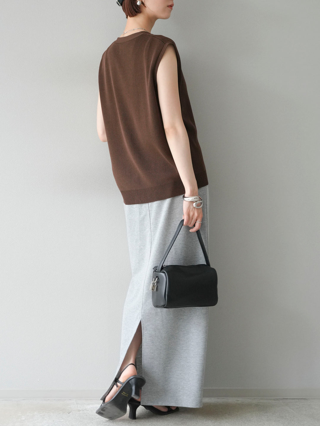 [SET]Vネックレーヨンニットベスト+スウェットロングスカート(2set)