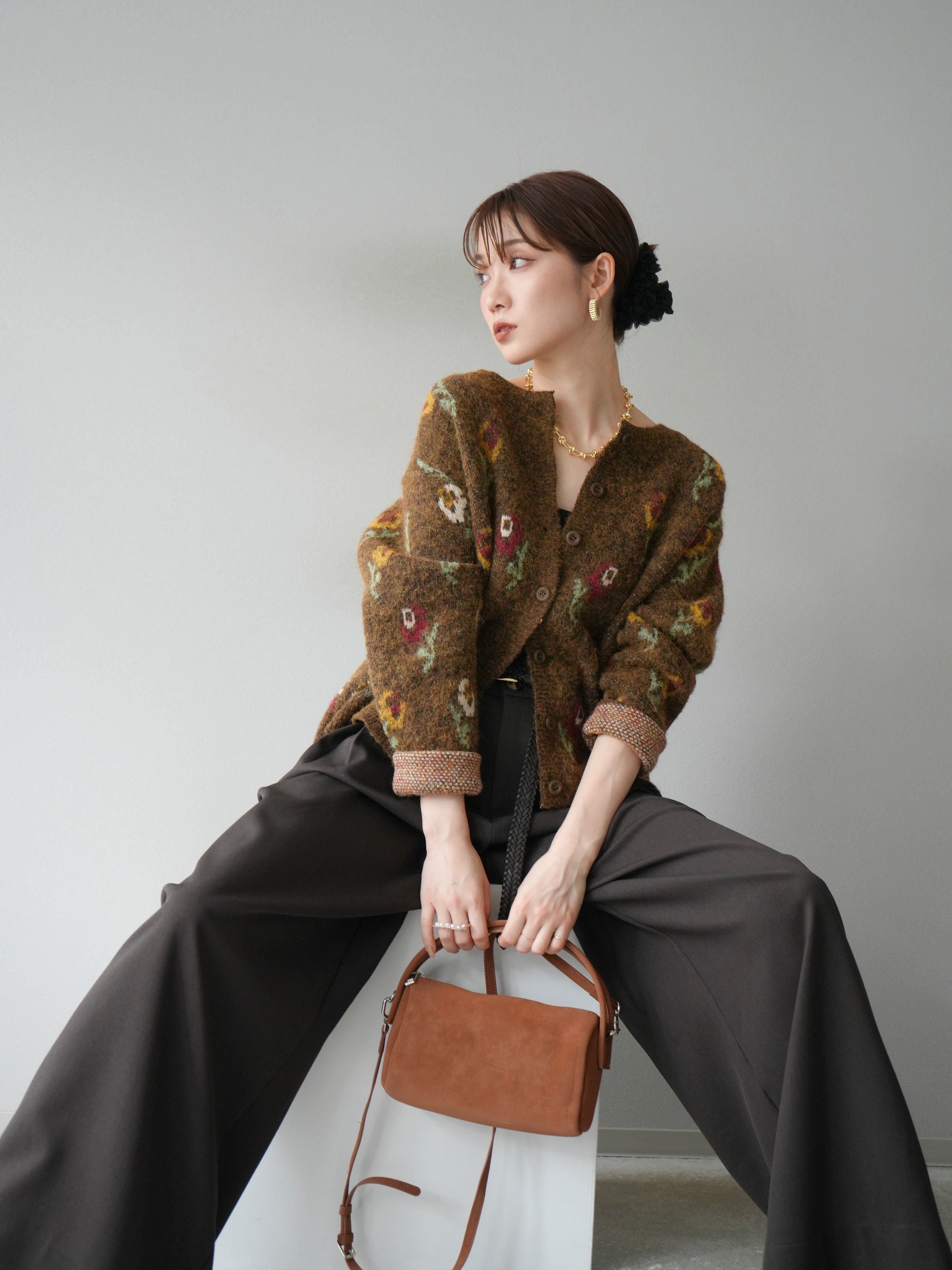 予約]ウールタッチフラワーニットカーディガン/ブラウン – Lumier