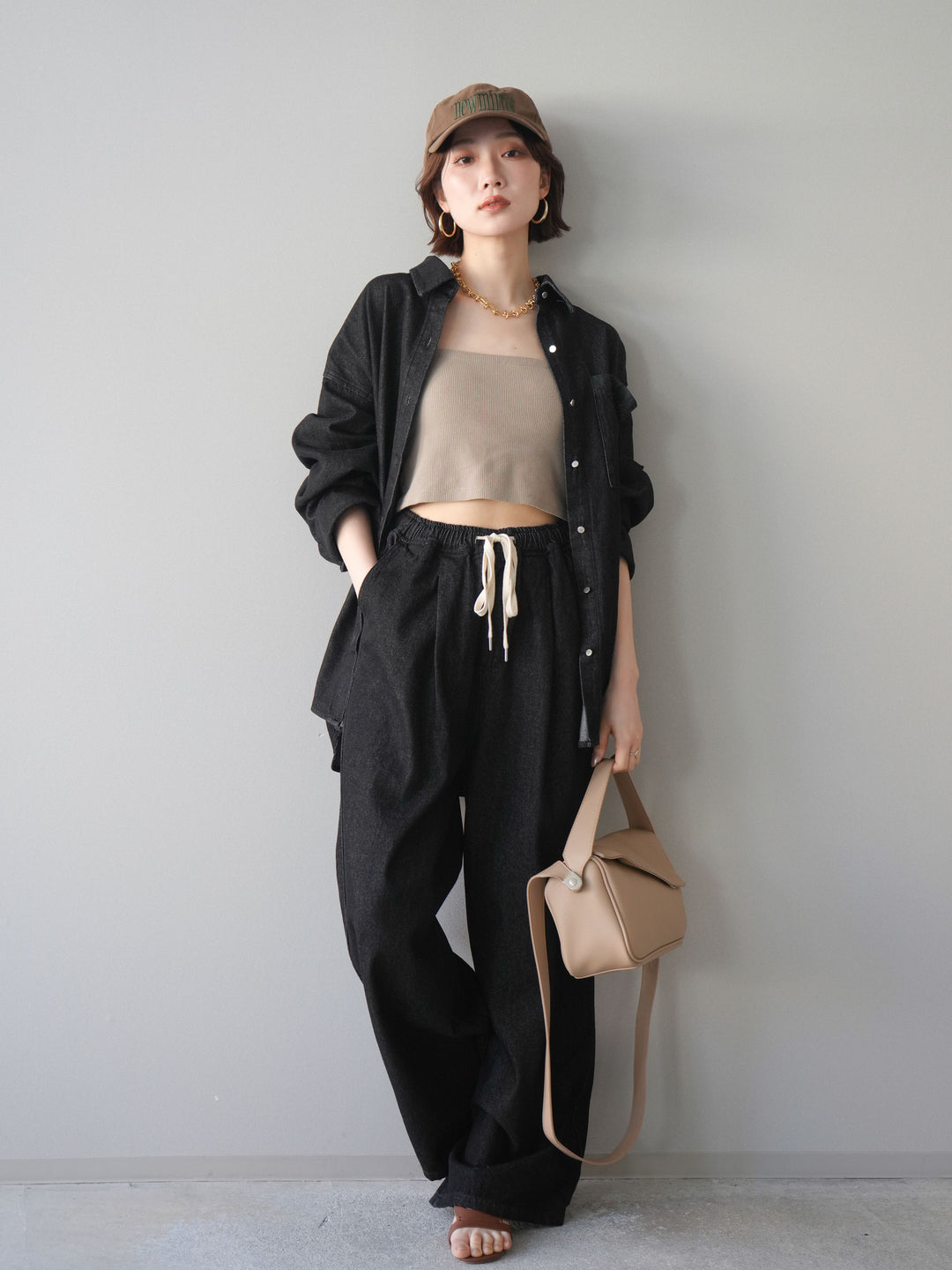 [SET]ポイントレザーオーバーデニムシャツ+ドロストワイドデニムパンツ(2set)