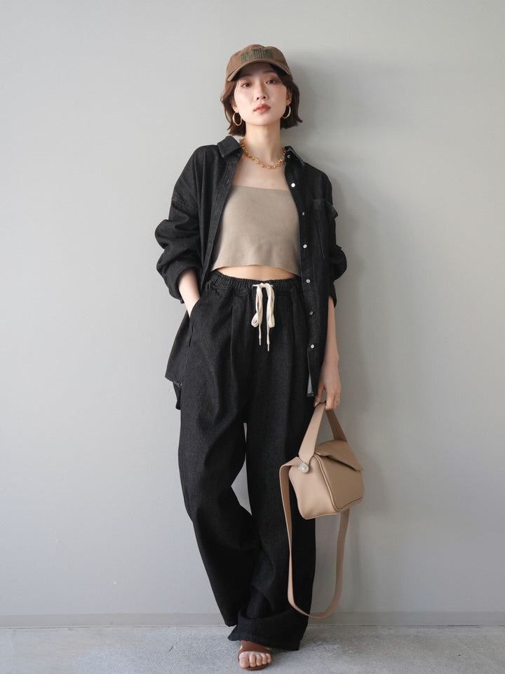 [SET]ポイントレザーオーバーデニムシャツ+ドロストワイドデニムパンツ(2set)