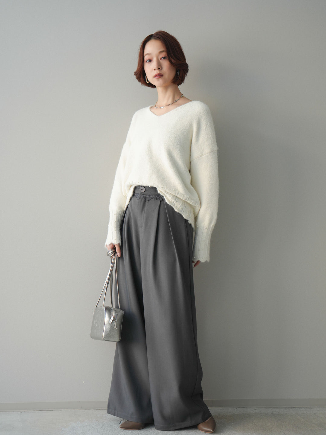 [予約]ウエストレースタックワイドパンツ/gray