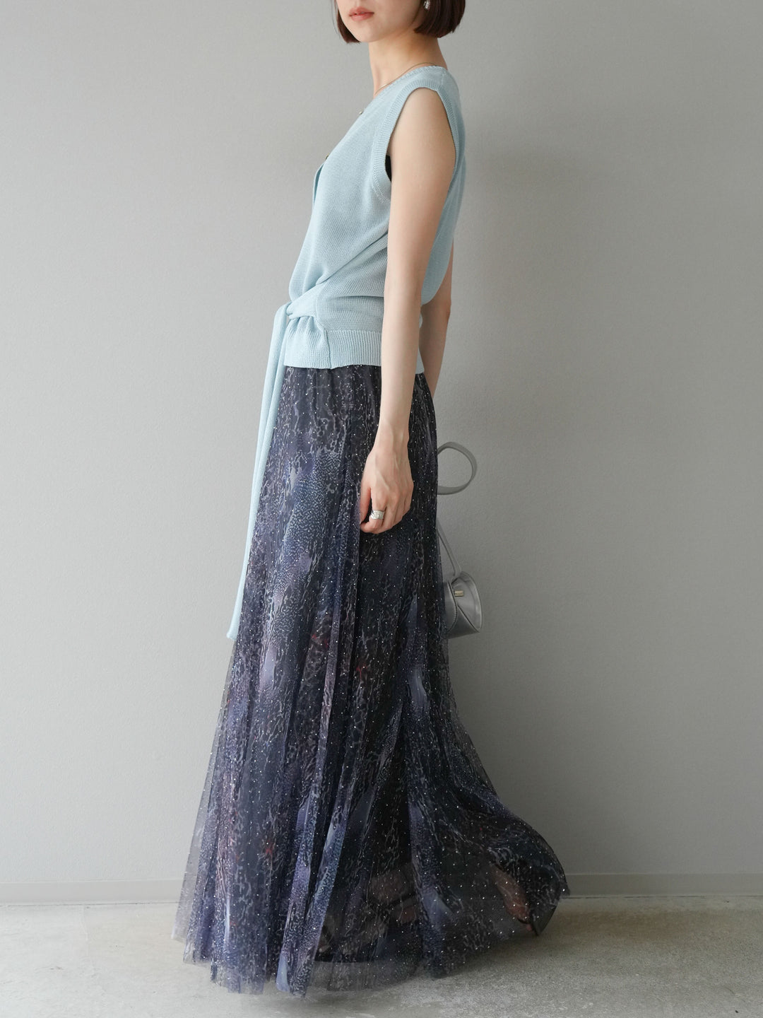 [予約]ニュアンス柄チュールレイヤードプリーツスカート/ネイビー