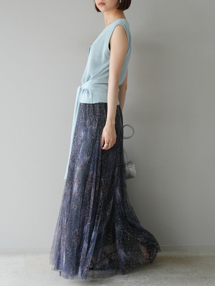 [予約]ニュアンス柄チュールレイヤードプリーツスカート/ネイビー
