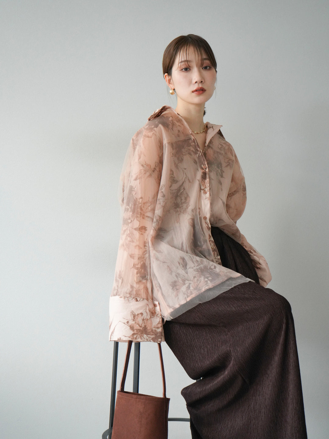 [予約]チュールドッキングフラワー柄オーバーサイズシャツ/ブラウン