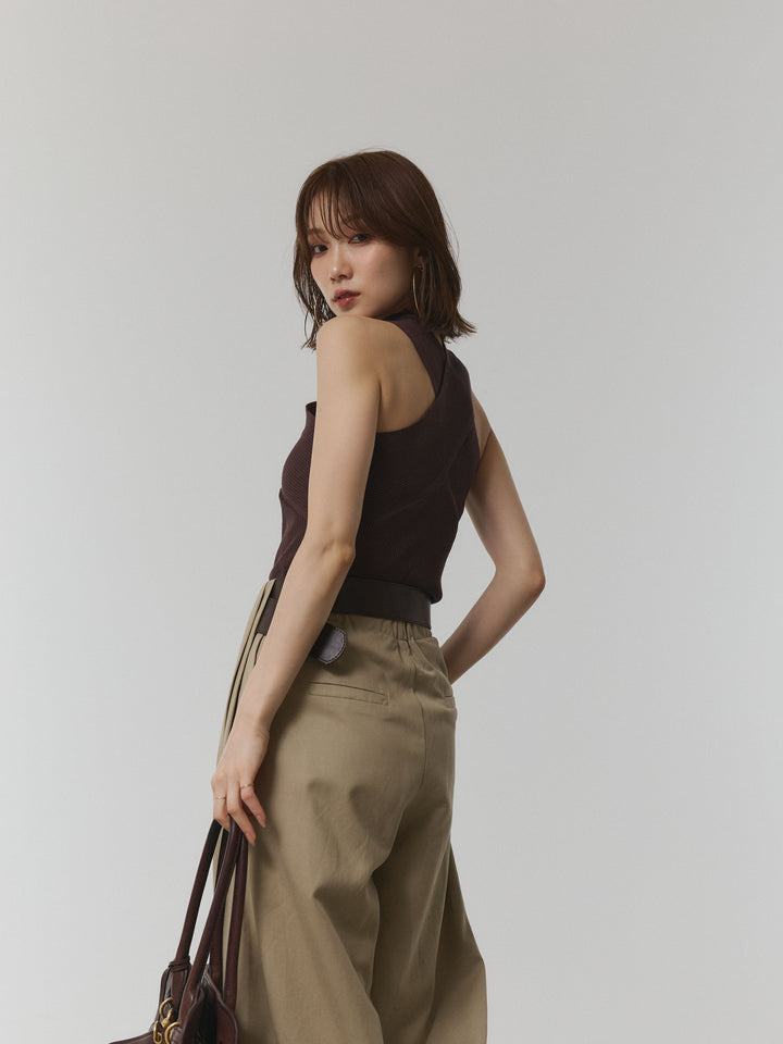 【Allure】[SET]クロスリブニットタンクトップ+ベルト付ダブルループワイドパンツ(2set)