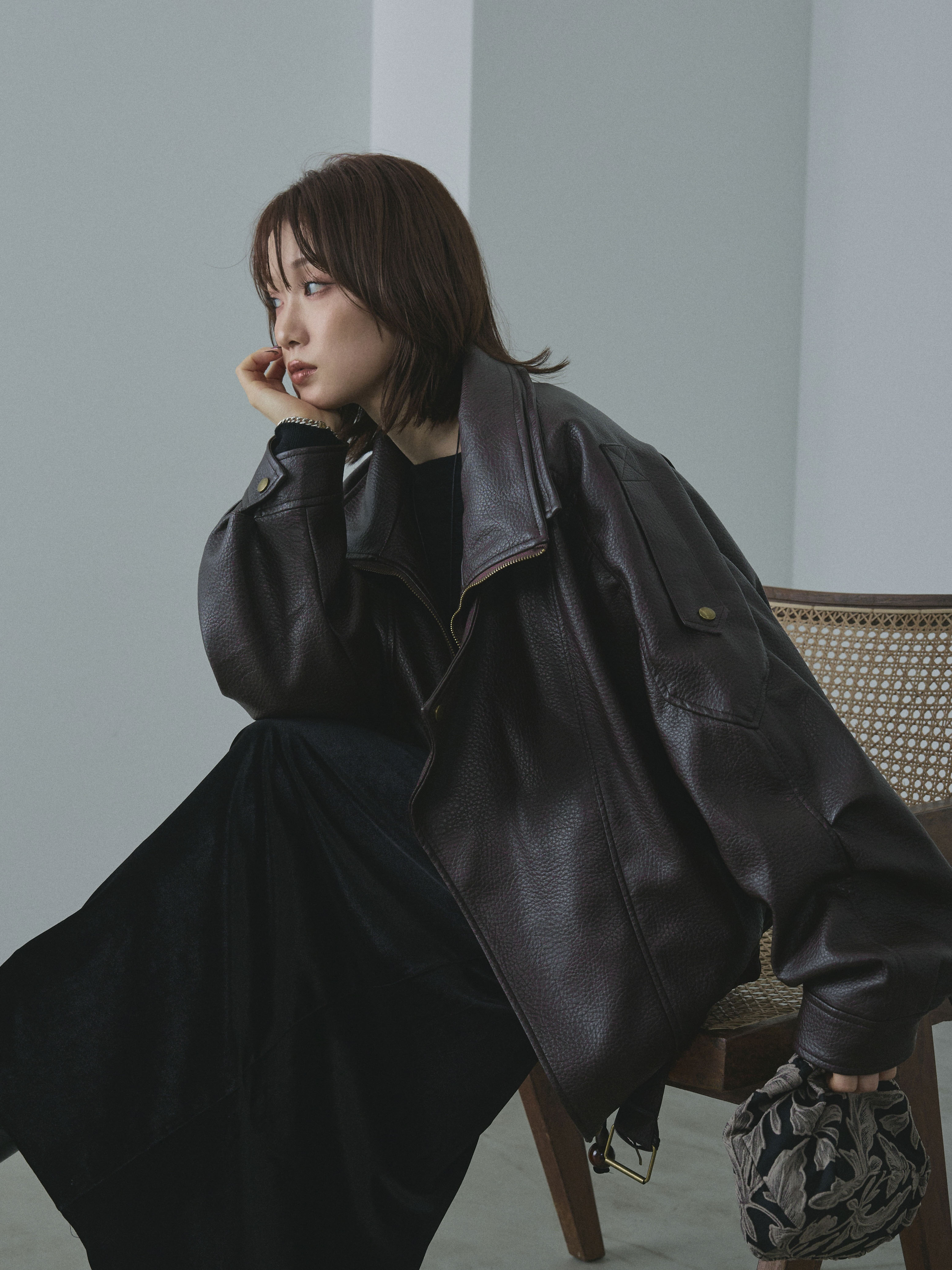 Allure】[SET]スタンドカラーレザーブルゾン+ワンショルケーブル編み