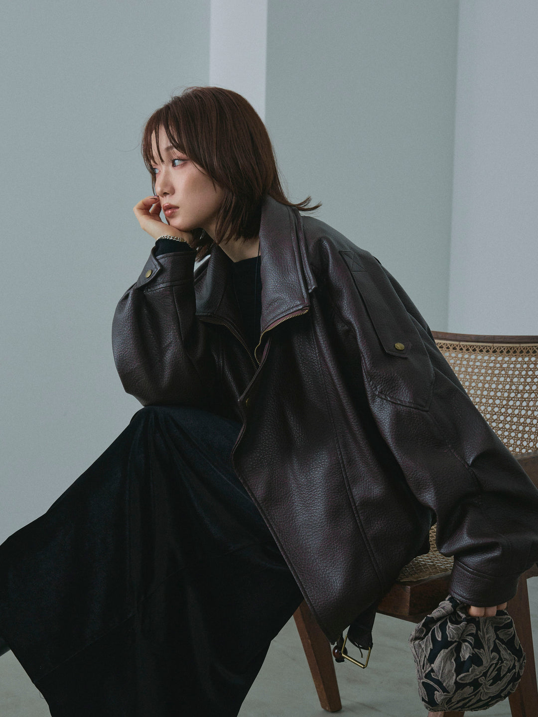 【Allure】[SET]スタンドカラーレザーブルゾン+ワンショルケーブル編みニット(2set)