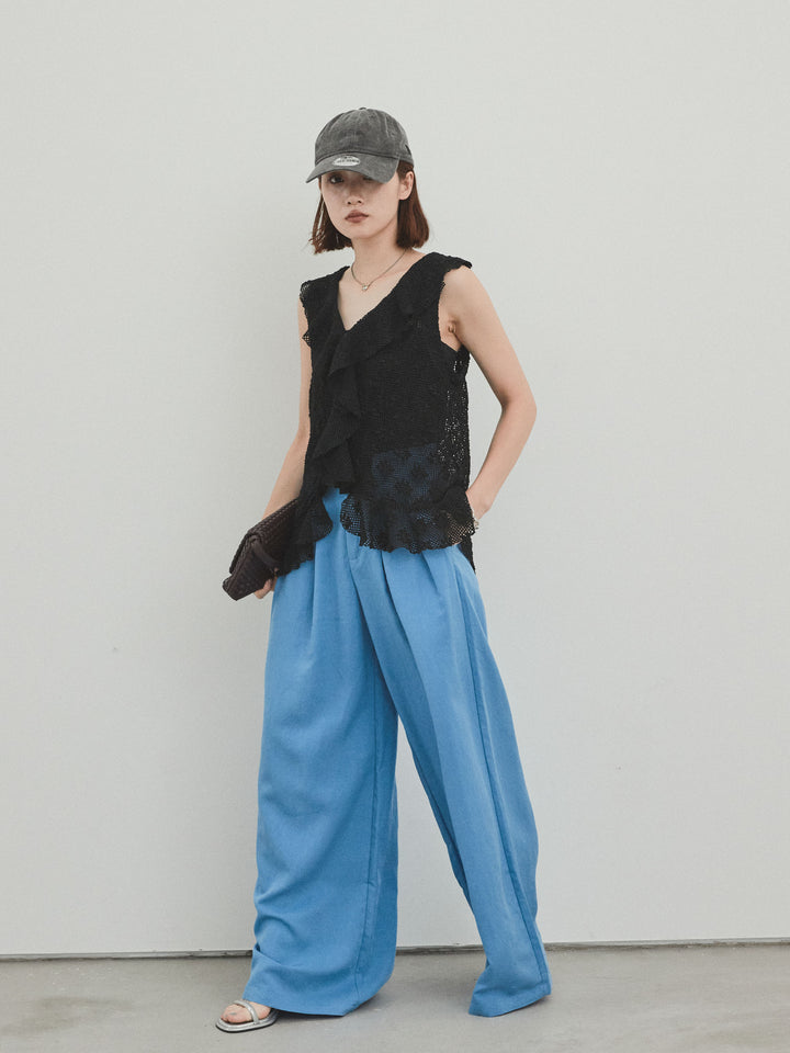 【預訂】亞麻觸感褶邊闊腿褲/藍色