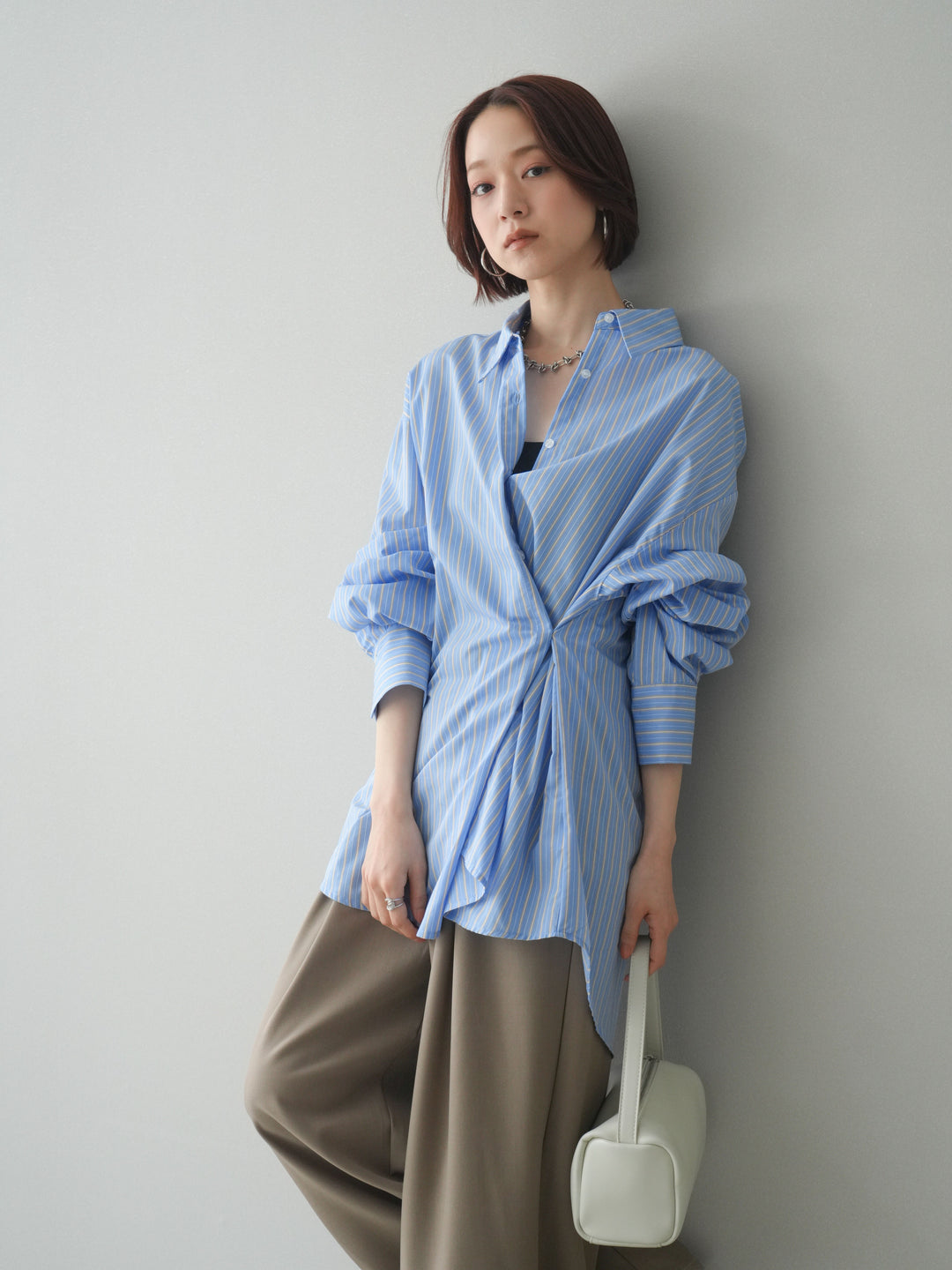 [SET]2wayルーズストライプシャツ+ベルト付キーホルダーモチーフワイドパンツ(2set)