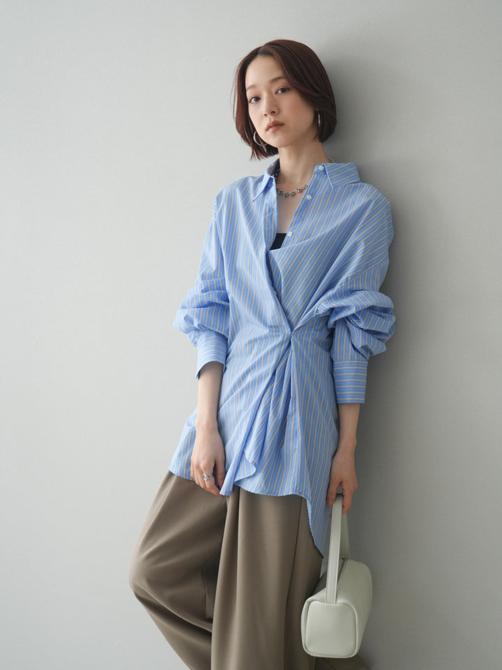 [SET]2wayルーズストライプシャツ+ベルト付キーホルダーモチーフワイドパンツ(2set)