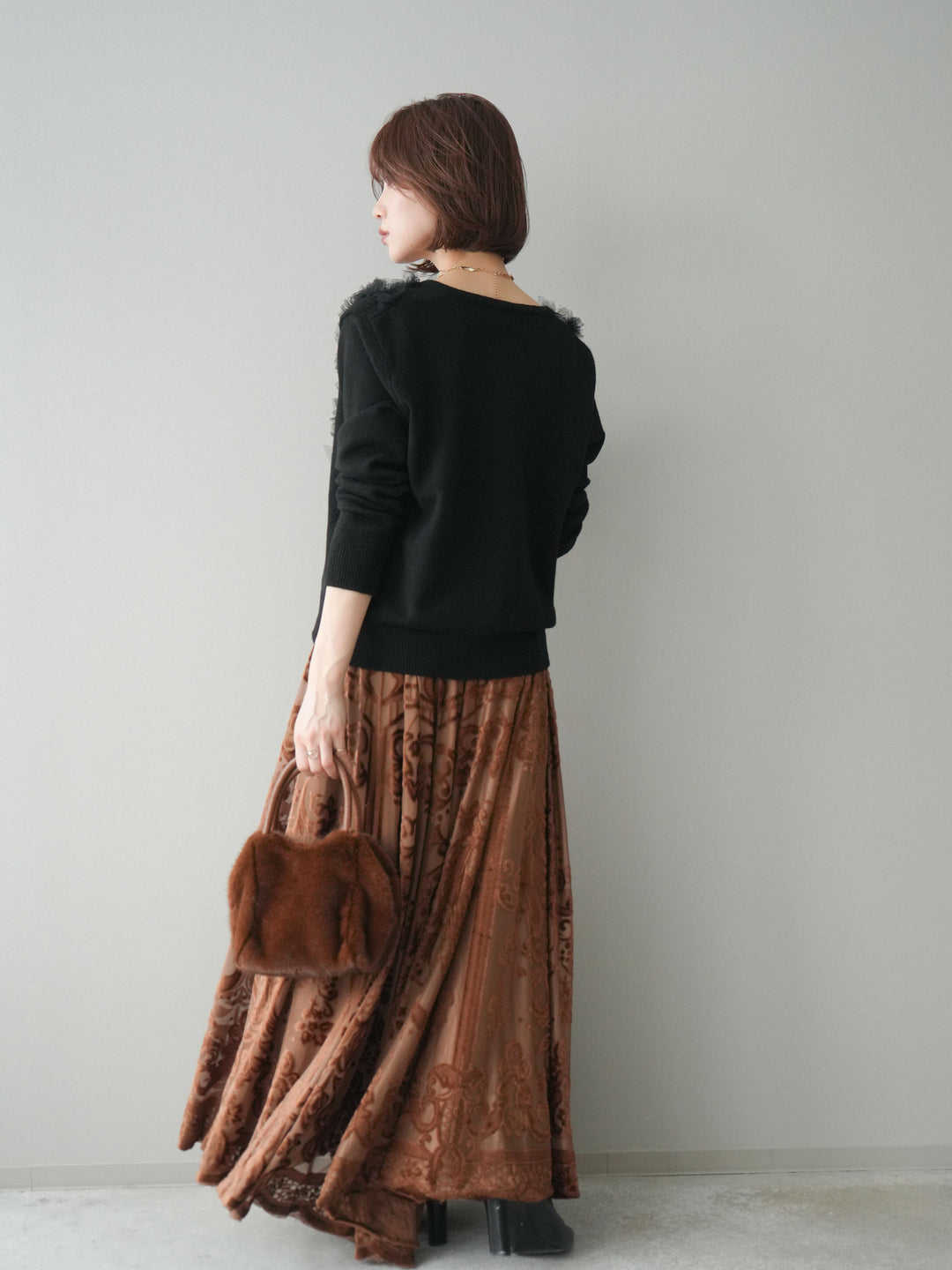 [SET]チュールフリルニットカーディガン+アンティーク柄フロッキーマキシスカート(2set)