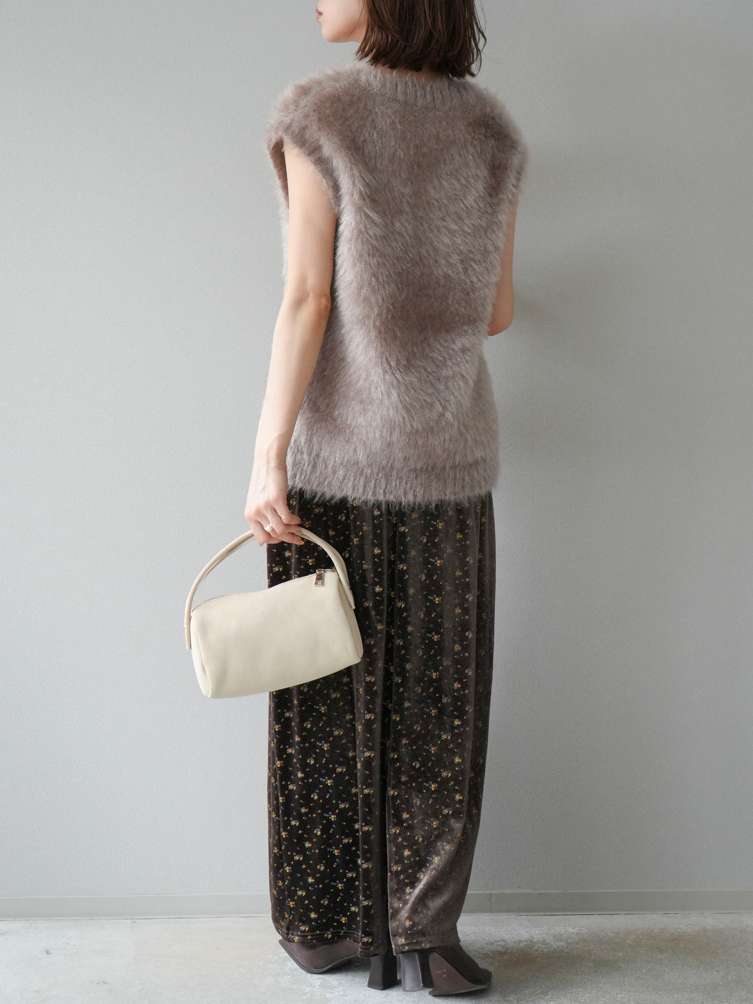 [予約]ベロアフラワープリントIラインスカート/ブラウンxイエロー