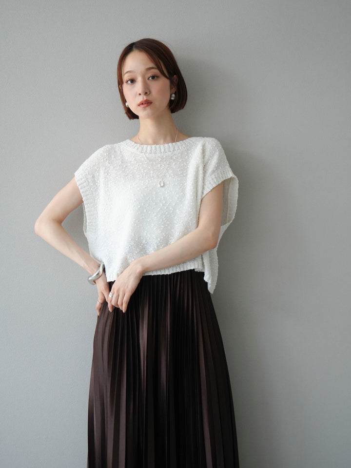 [SET]ネップヤーンクロップドニットベスト+サテンプリーツマキシスカート(2set)