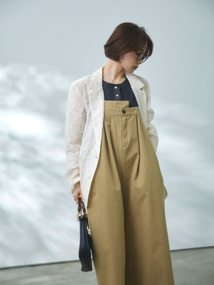 [予約]カットオフコットンツイル配色ステッチサロペット/beige