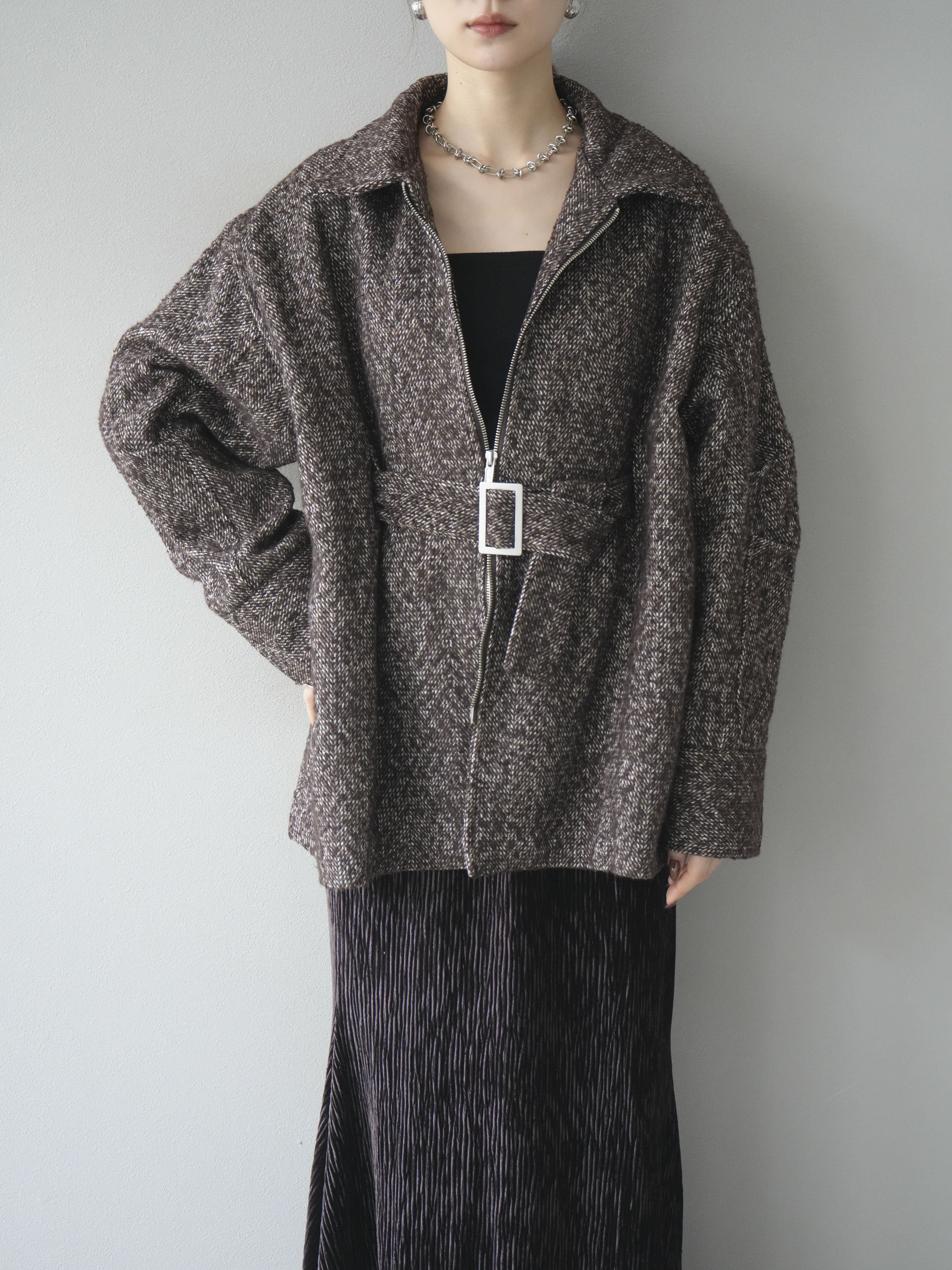 予約]起毛ツイードベルトぺプラムジャケット/brown – Lumier