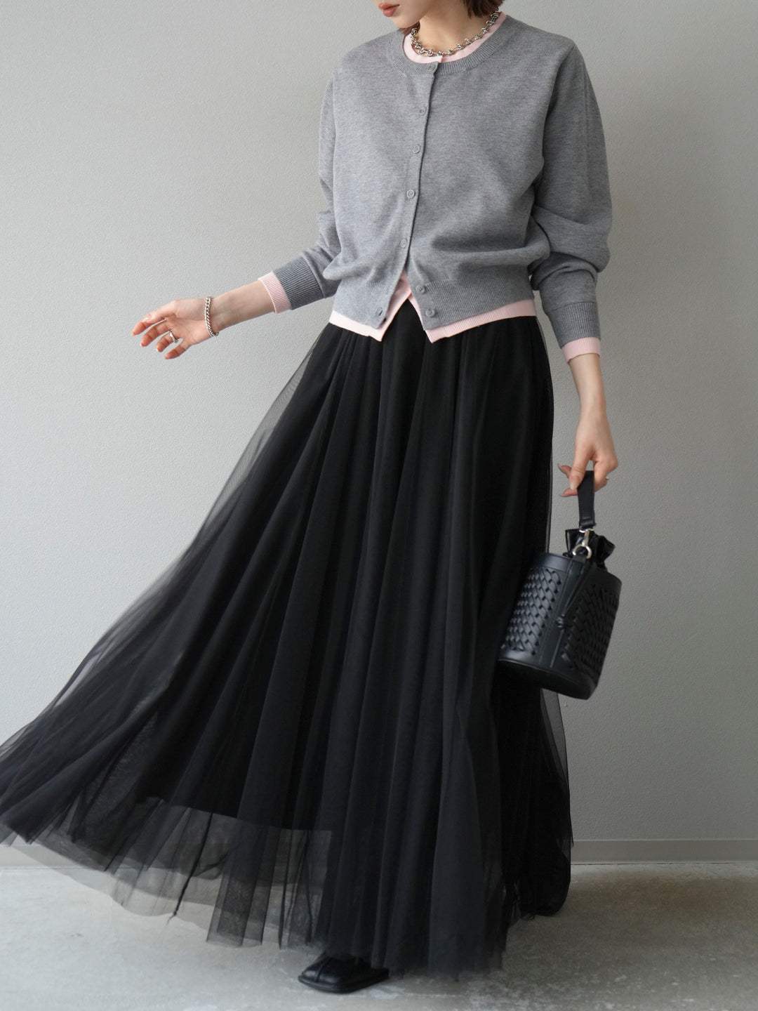 [SET]配色レイヤードカーディガン+チュールボリュームスカート(2set)