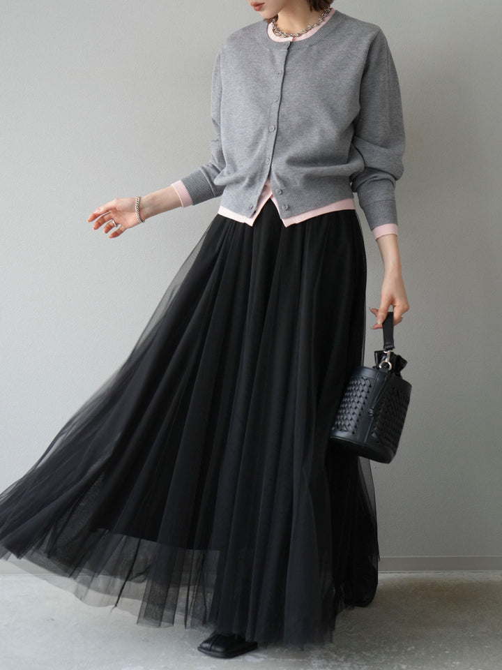[SET]配色レイヤードカーディガン+チュールボリュームスカート(2set)