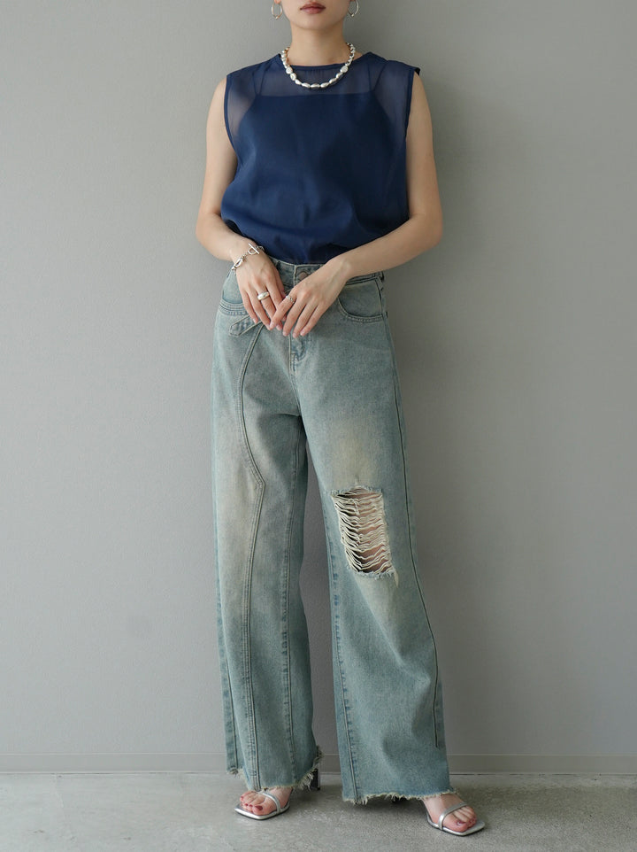 [SET] Organdy sleeveless top + belt asymmetrical damaged denim (2set)