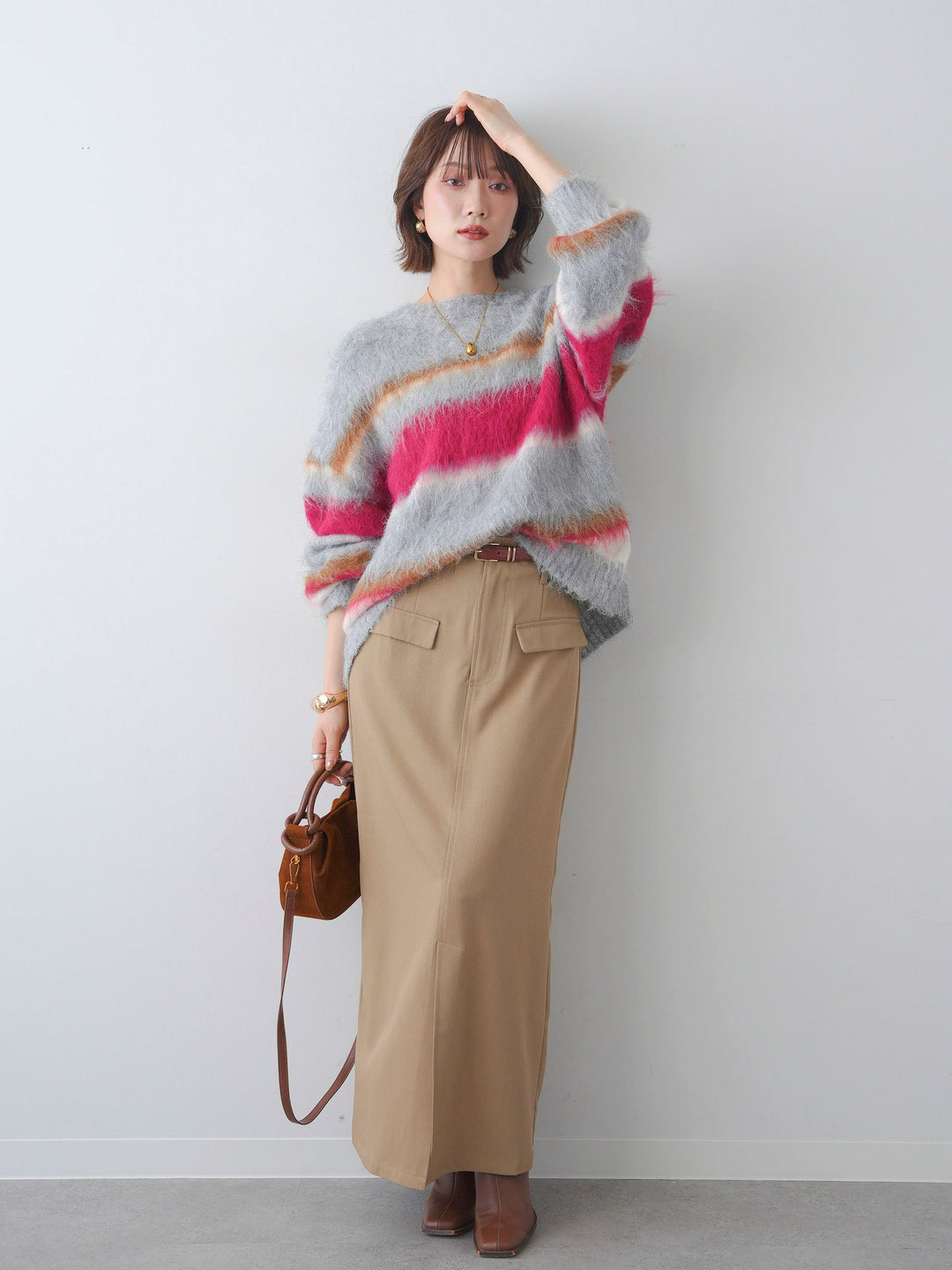 [SET]カラフルボーダーシャギーニットプルオーバー+クレープデシンフラップ付きストレートスカート(2set)