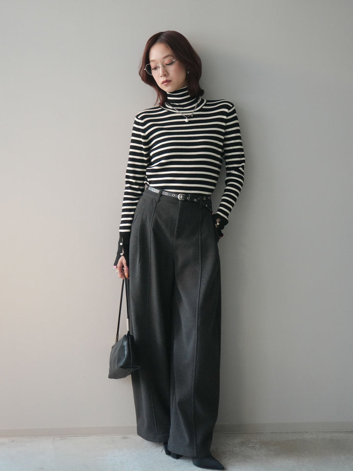 [SET]袖配色ハイネックボーダーリブニットトップス+ベルト付き裏起毛ワイドパンツ(2set)