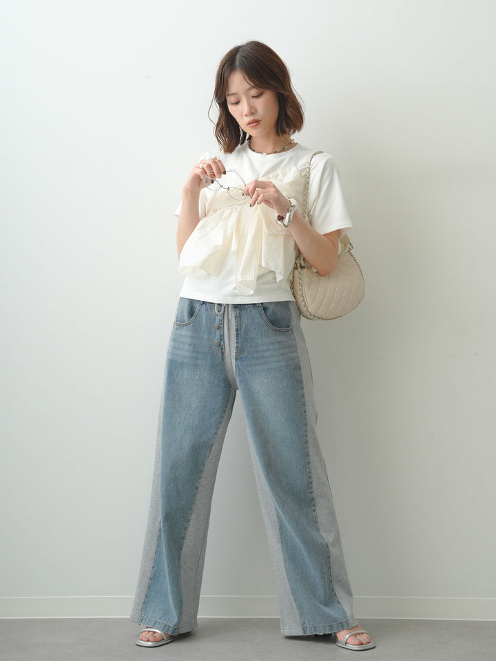 [SET]ナイロンドッキングツイストTEE +デニム切替スウェットパンツ(2set)
