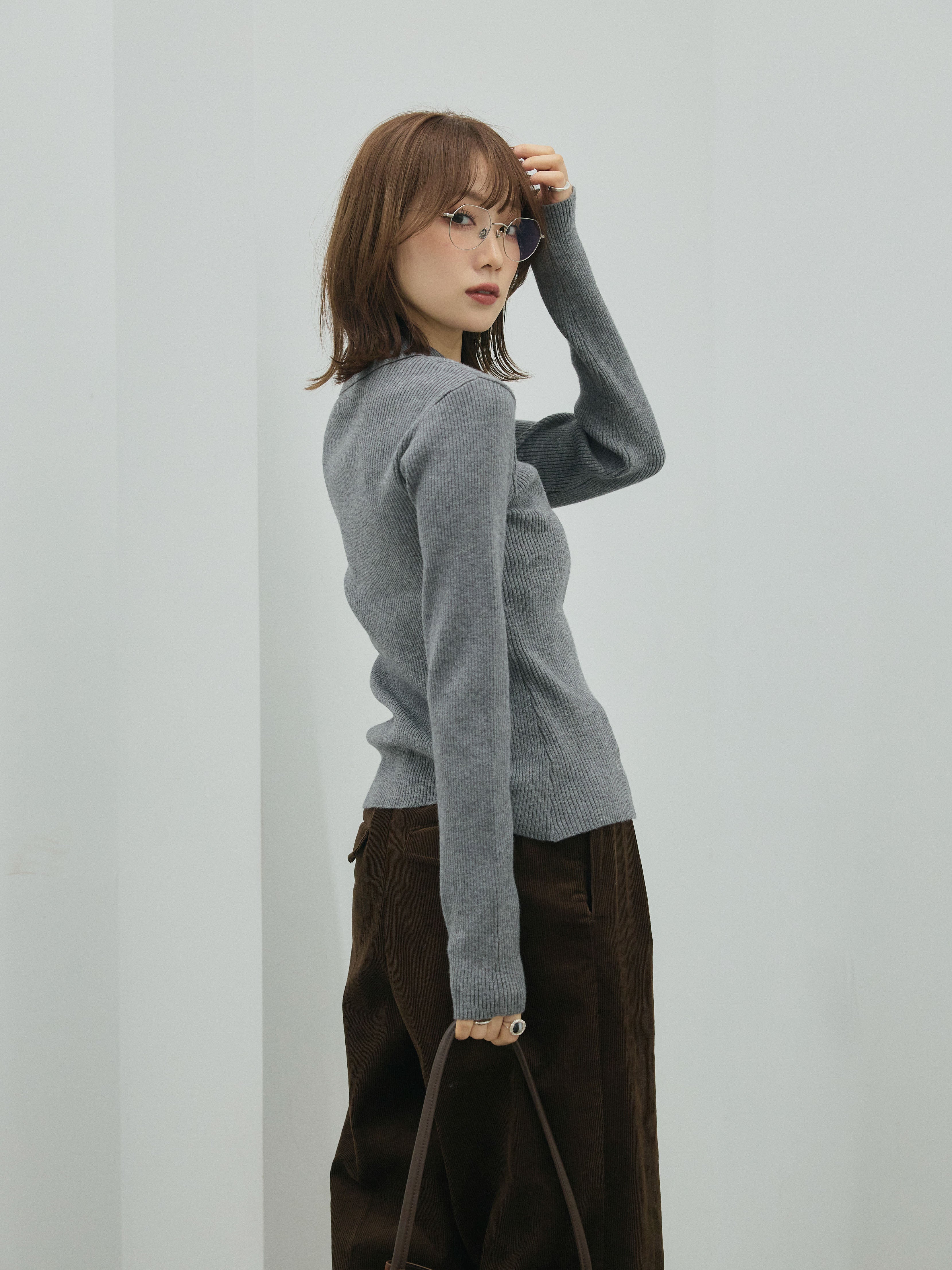 Allure】[SET]くるみボタンポロリブニットトップス+コーデュロイタック