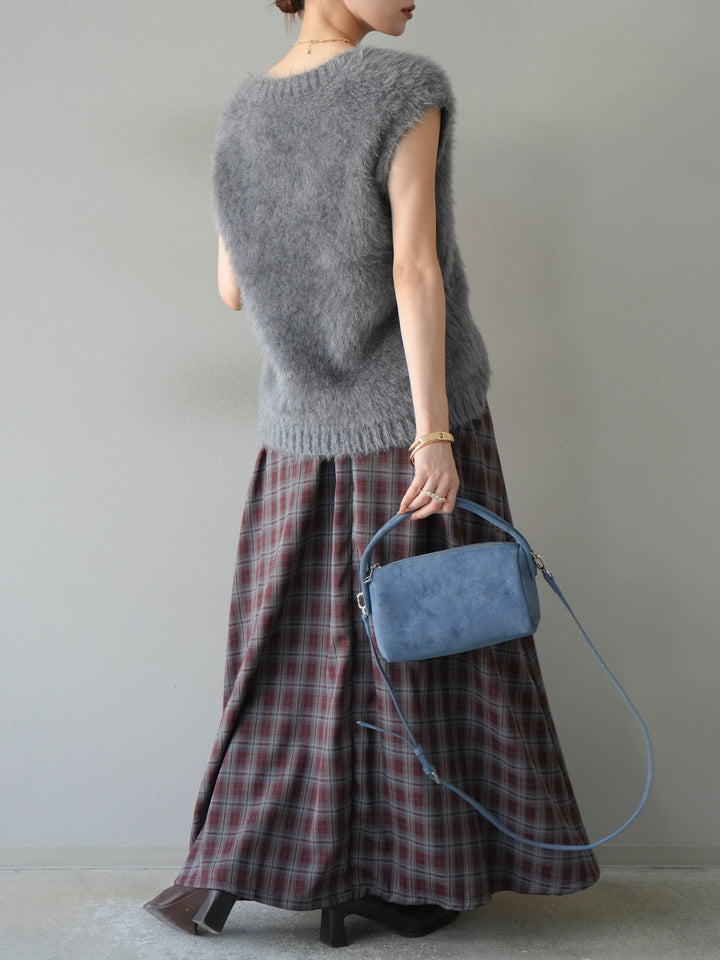 [予約]チェックタックフレアロングスカート/ ボルドー