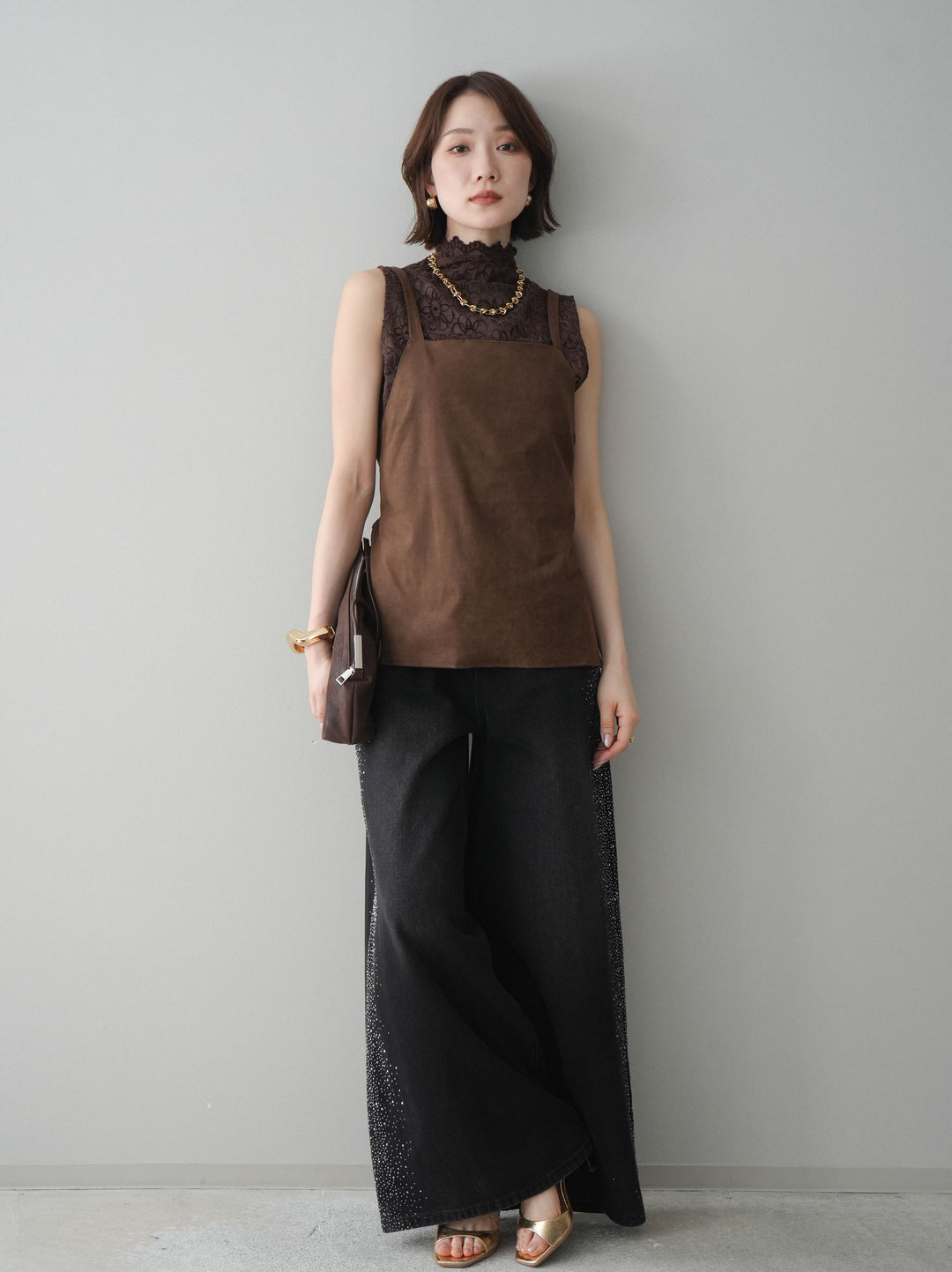 [予約]サイドビジューワイドデニムパンツ/black