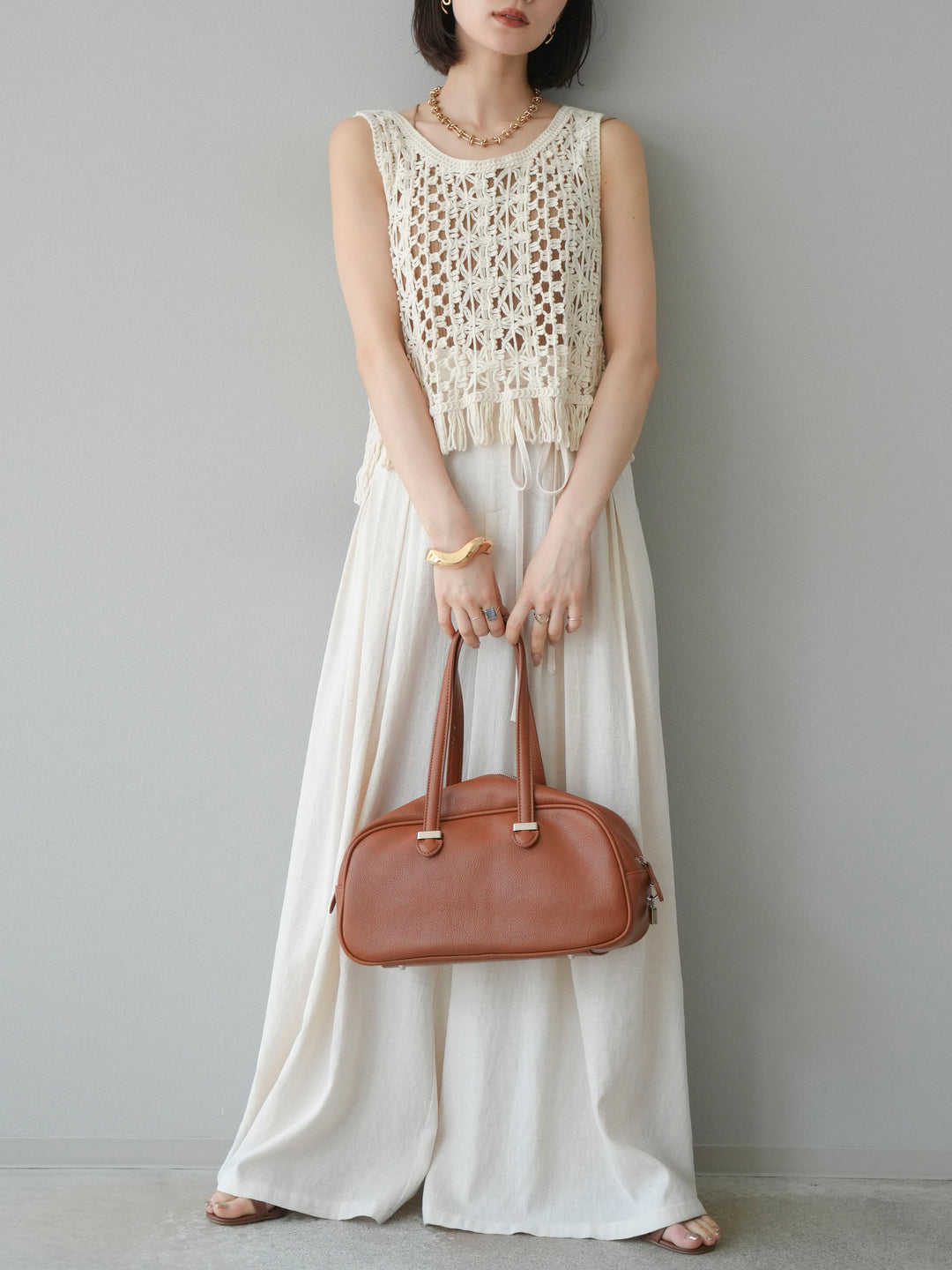 【預購】仿亞麻雙褶設計寬褲/象牙白