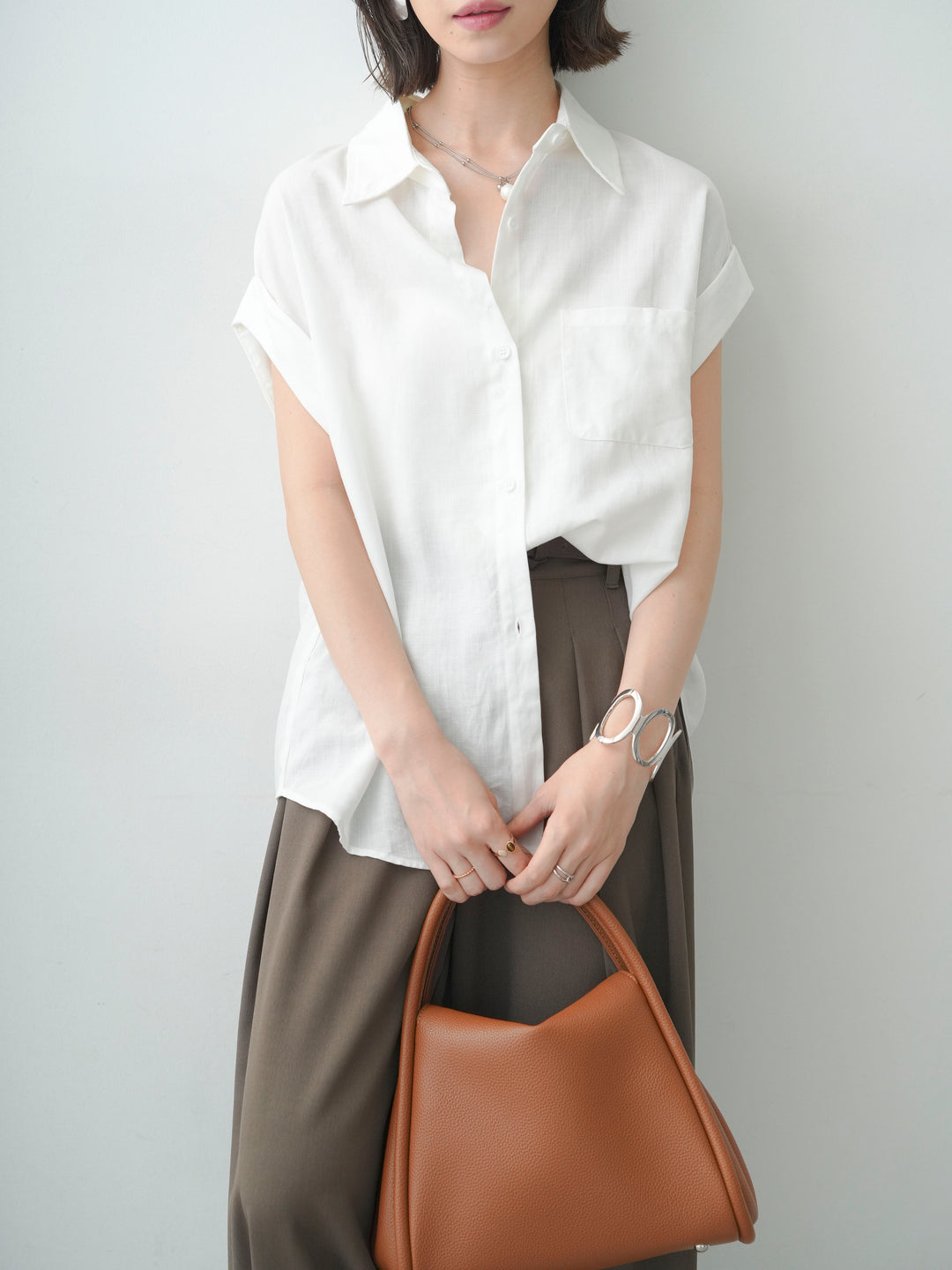 [SET]バックレースフレンチシャツ+クレープデシンタックワイドパンツ(2set)