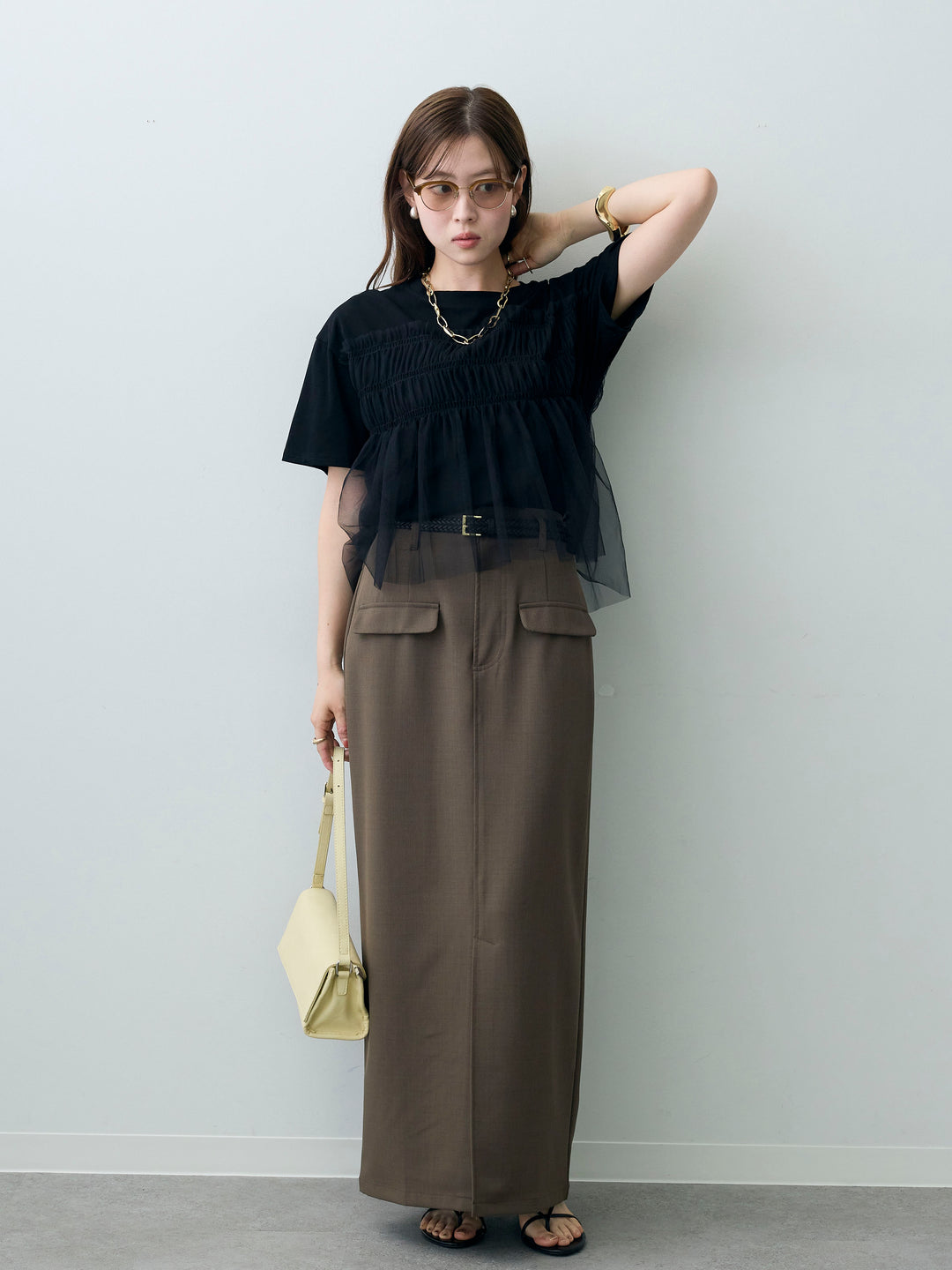[SET]ギャザーチュールドッキングTEE+クレープデシンフラップ付きストレートスカート(2set)
