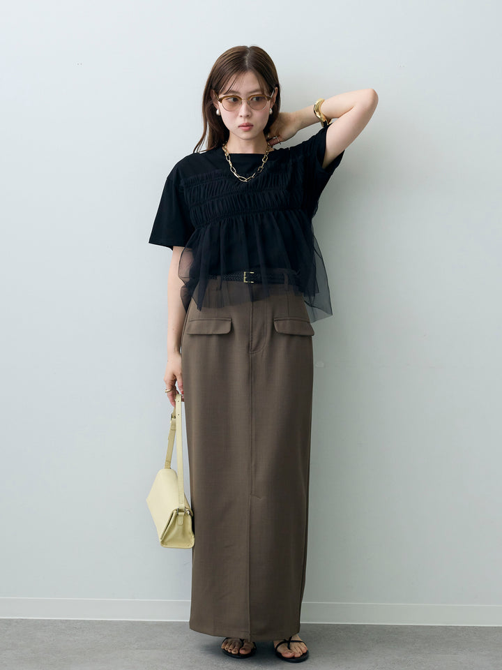 [SET]ギャザーチュールドッキングTEE+クレープデシンフラップ付きストレートスカート(2set)